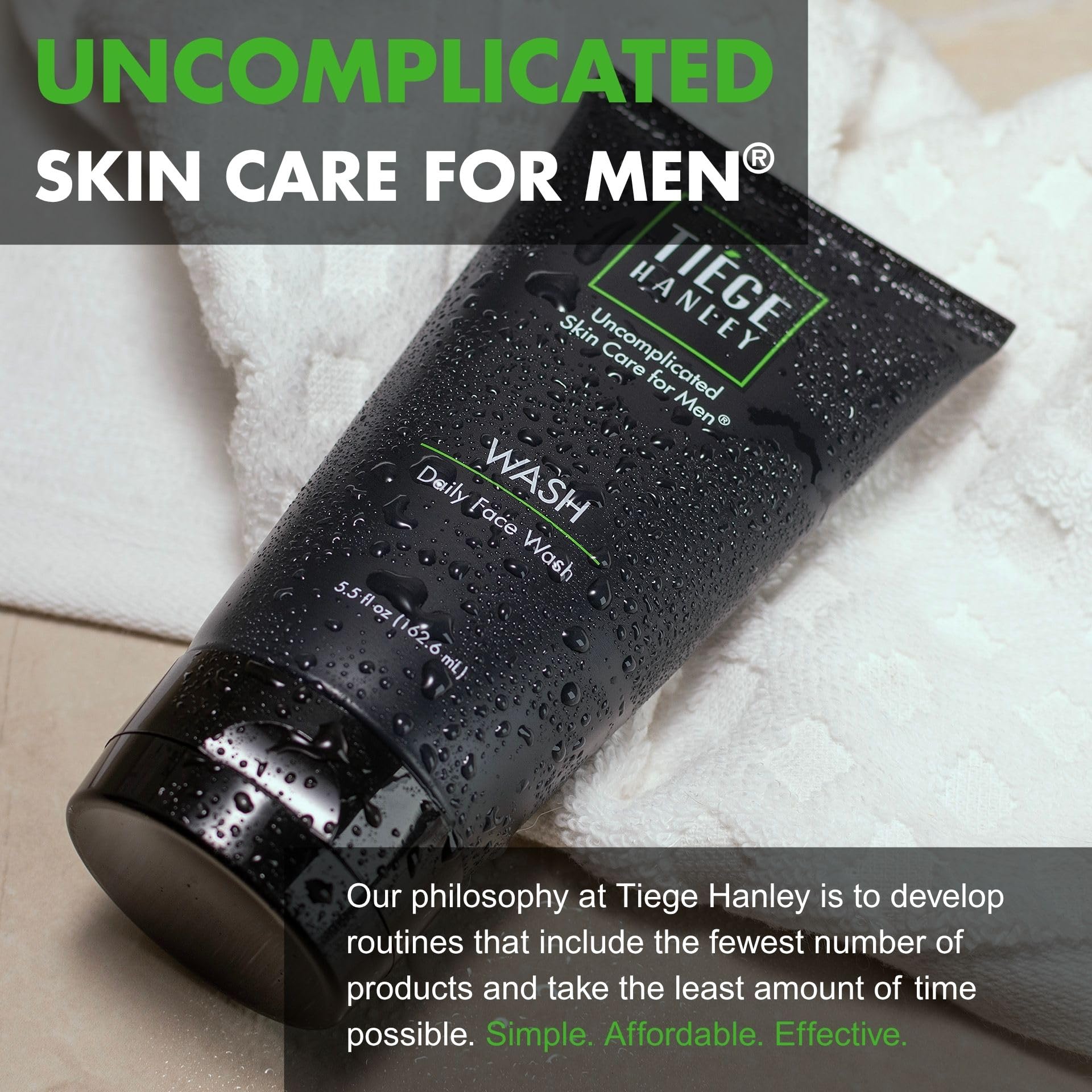Tiege Hanley Daily Face Wash for Men in a 5.5 oz bottle, fragrance-free skin cleansing agent with clear, clean liquid inside.
