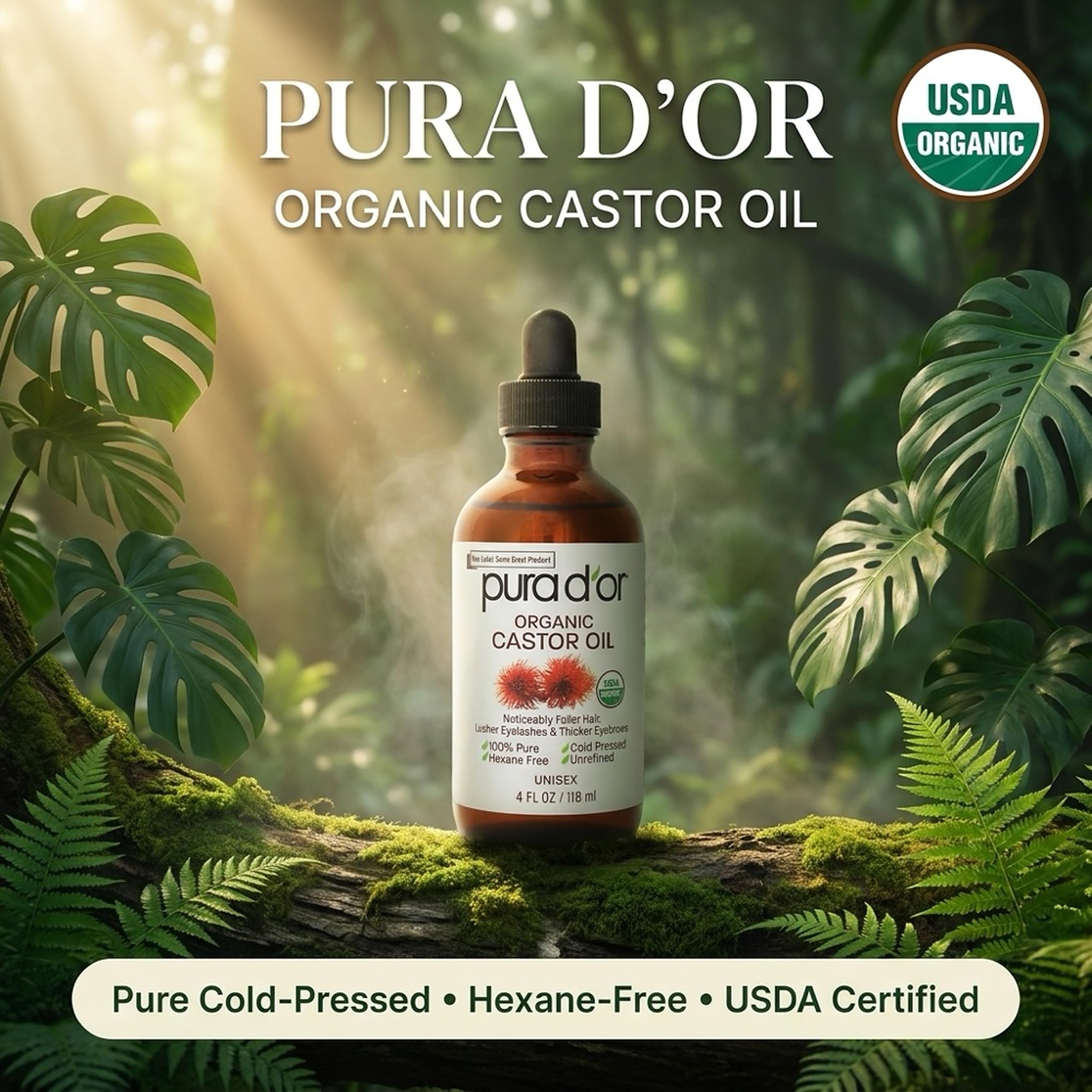 PURA D'OR ORGANIC Castor Oil Pure Cold-Pressed for Hair & Skin, 4oz