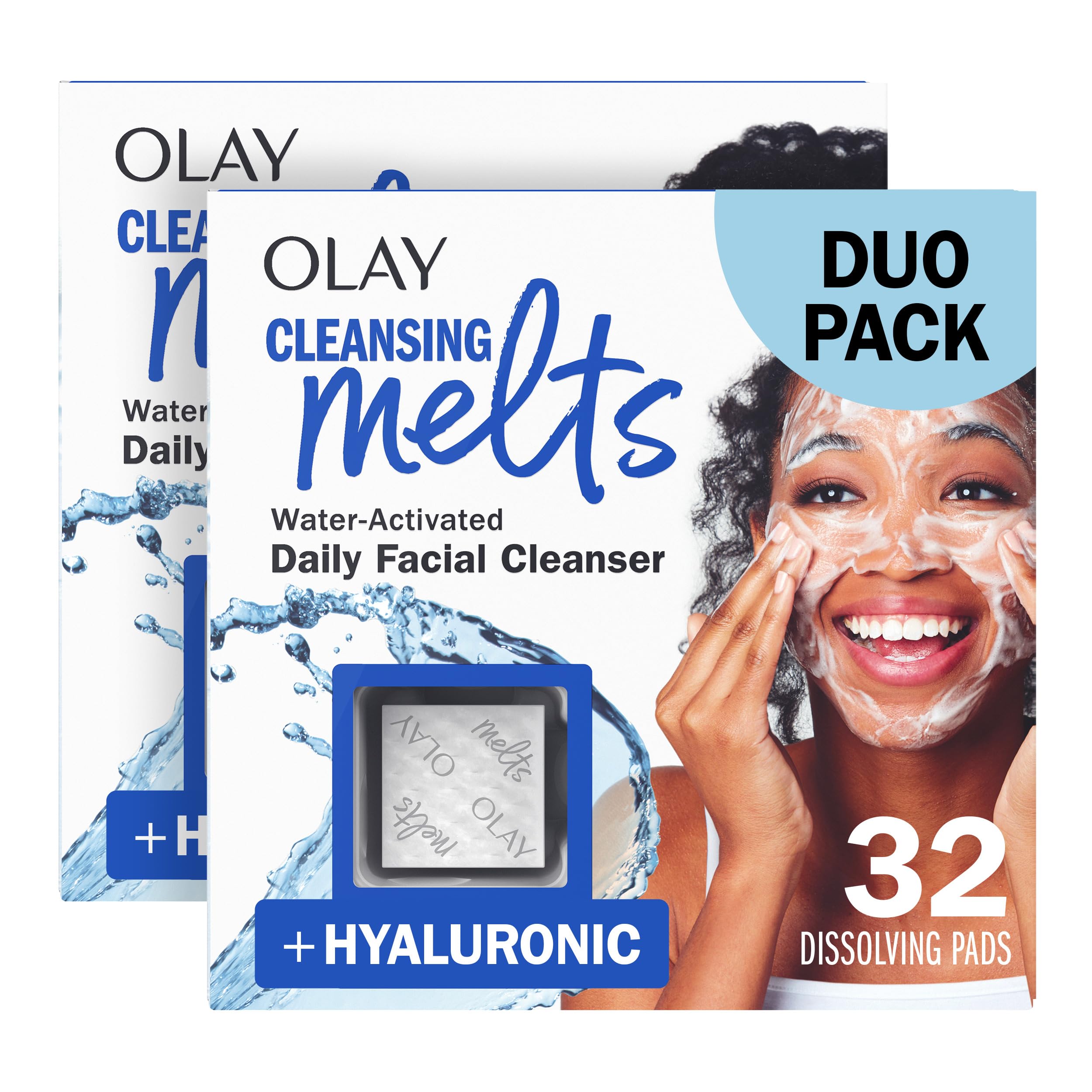 Olay Hyaluronic Acid Face Wash in travel size, water-activated gentle cleanser for all skin types, 64-count dual pack.