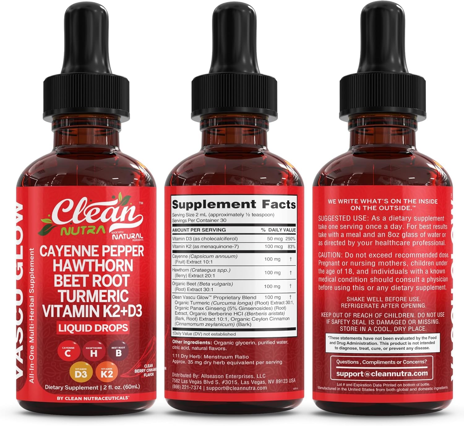 Clean Nutra Cayenne Pepper Drops herbal supplement bottle with dropper, used for circulatory health and vascular support.
