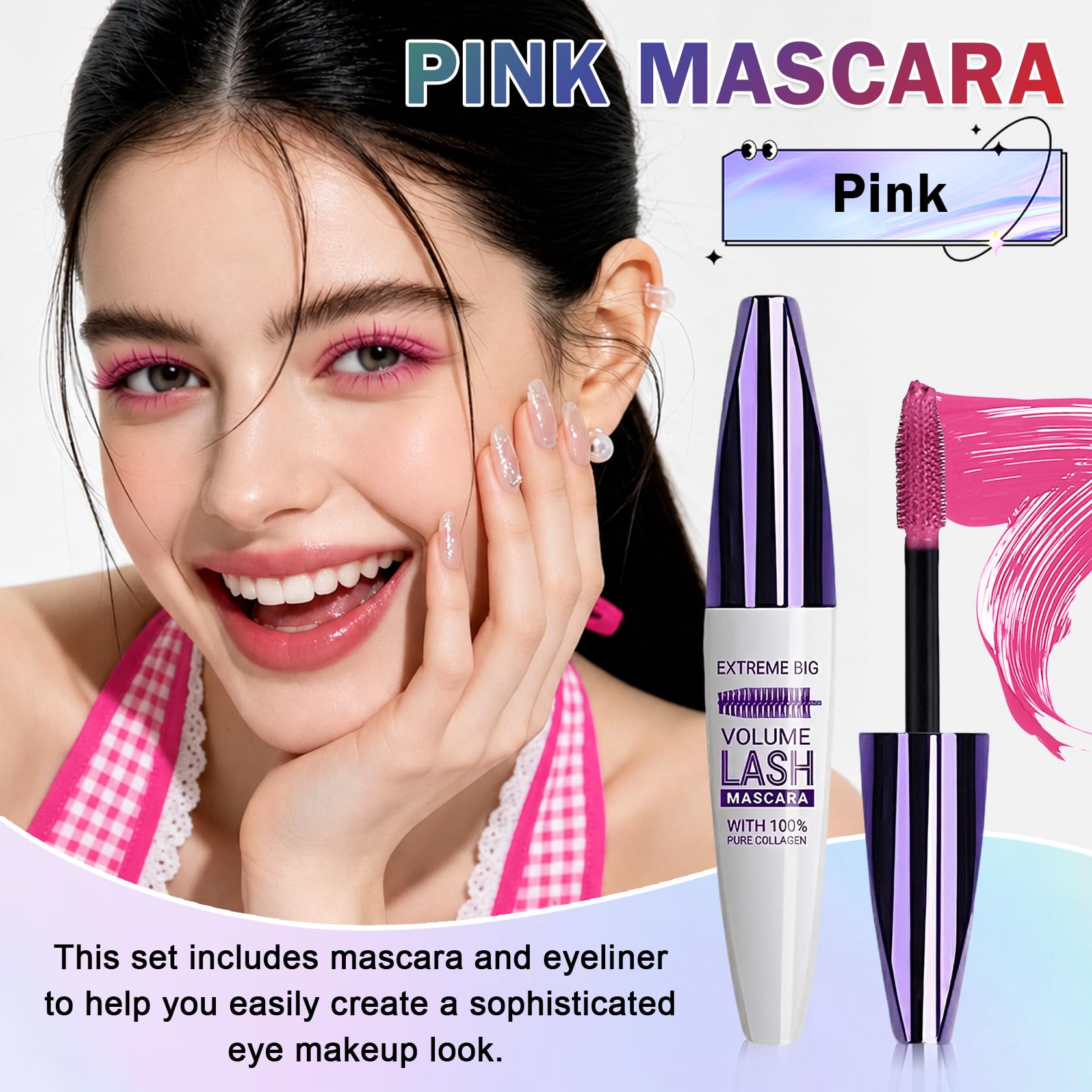 Pink waterproof mascara by Rosawee with 5D volume and length for bold, defined lashes
