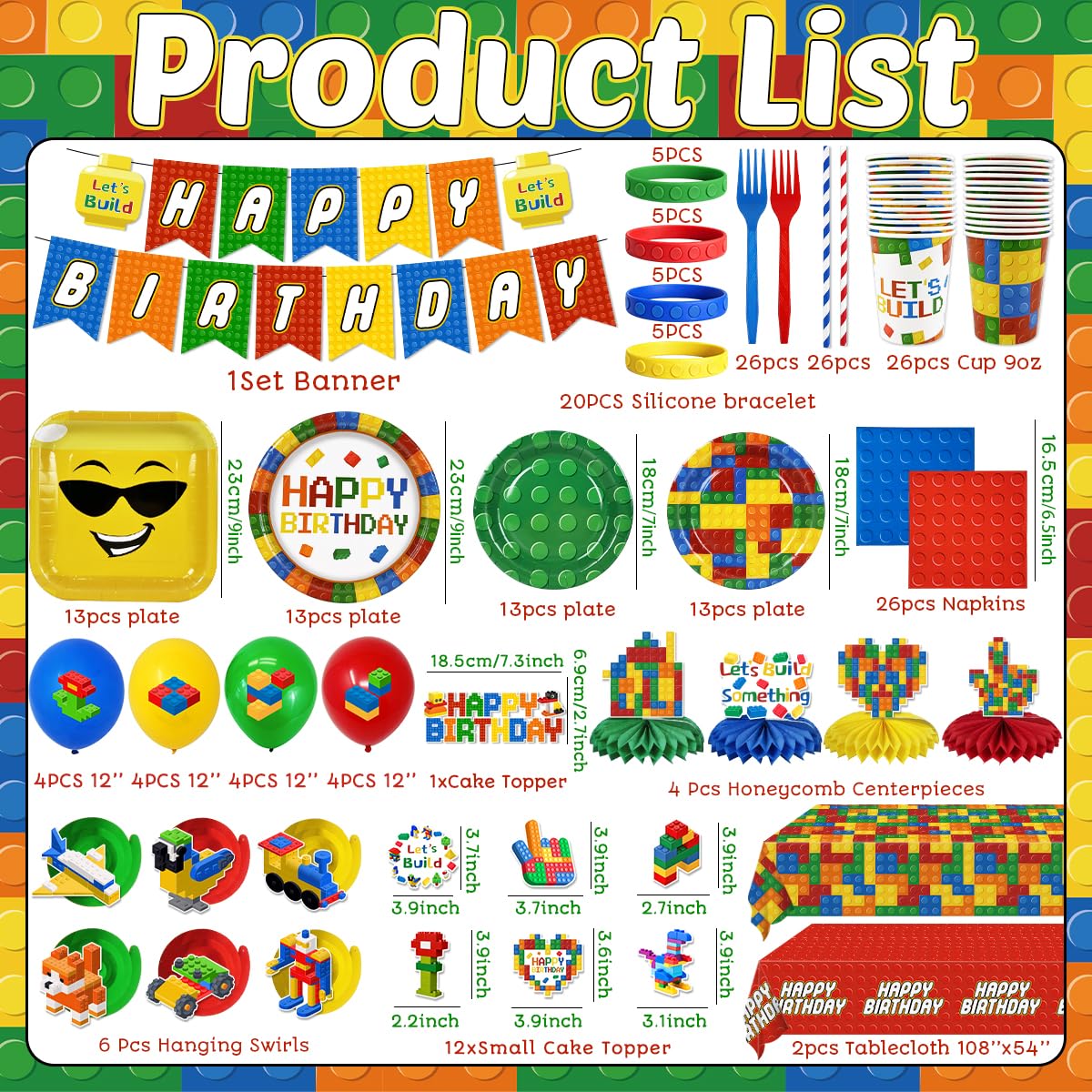 Haiyumaoyi 224Pcs Building Block Birthday Decorations, ALL-IN-1 Serves 26 – back view and specifications