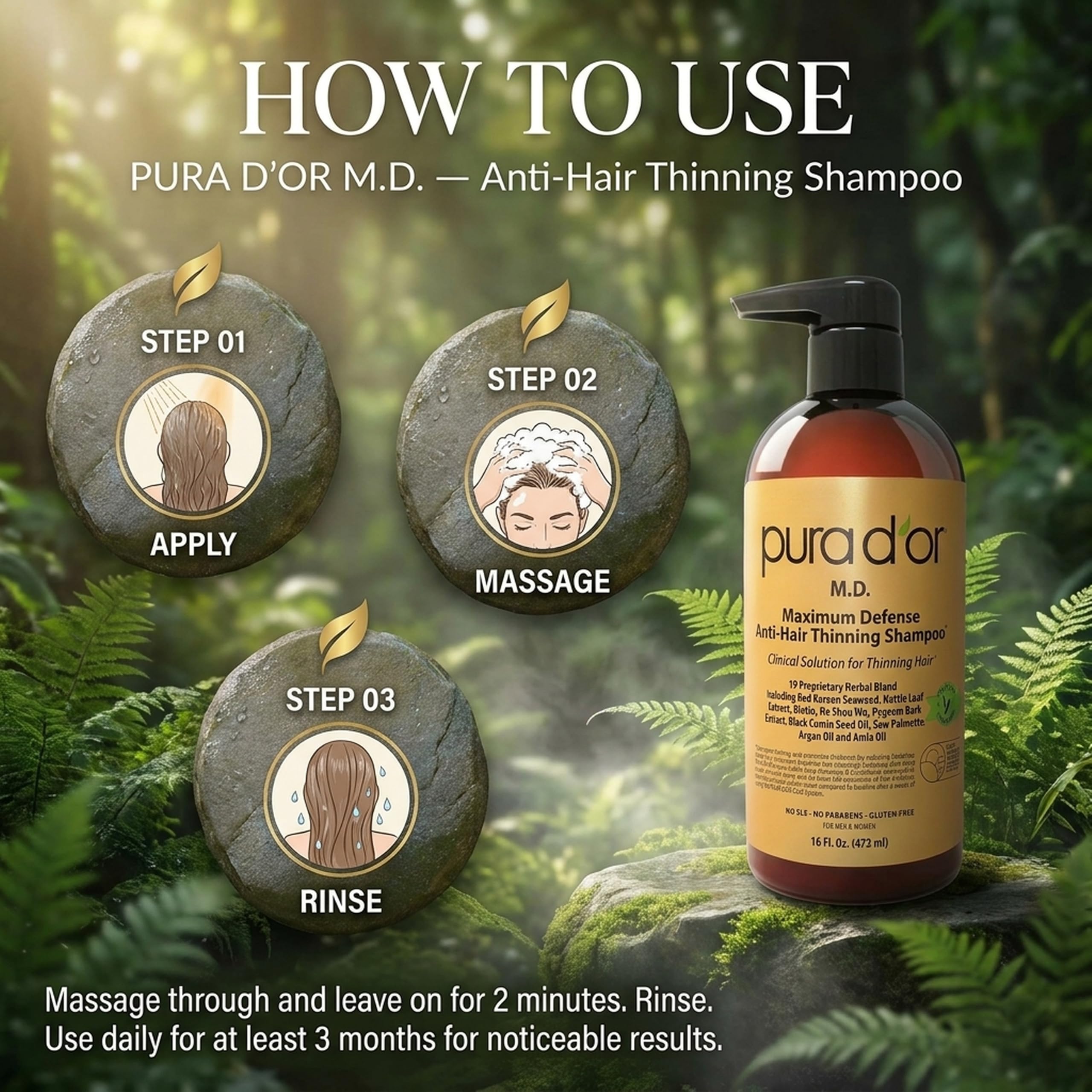 PURA D'OR MD anti-hair thinning shampoo with coal tar, biotin, and herbal blend for dry, itchy scalp, 16 oz.