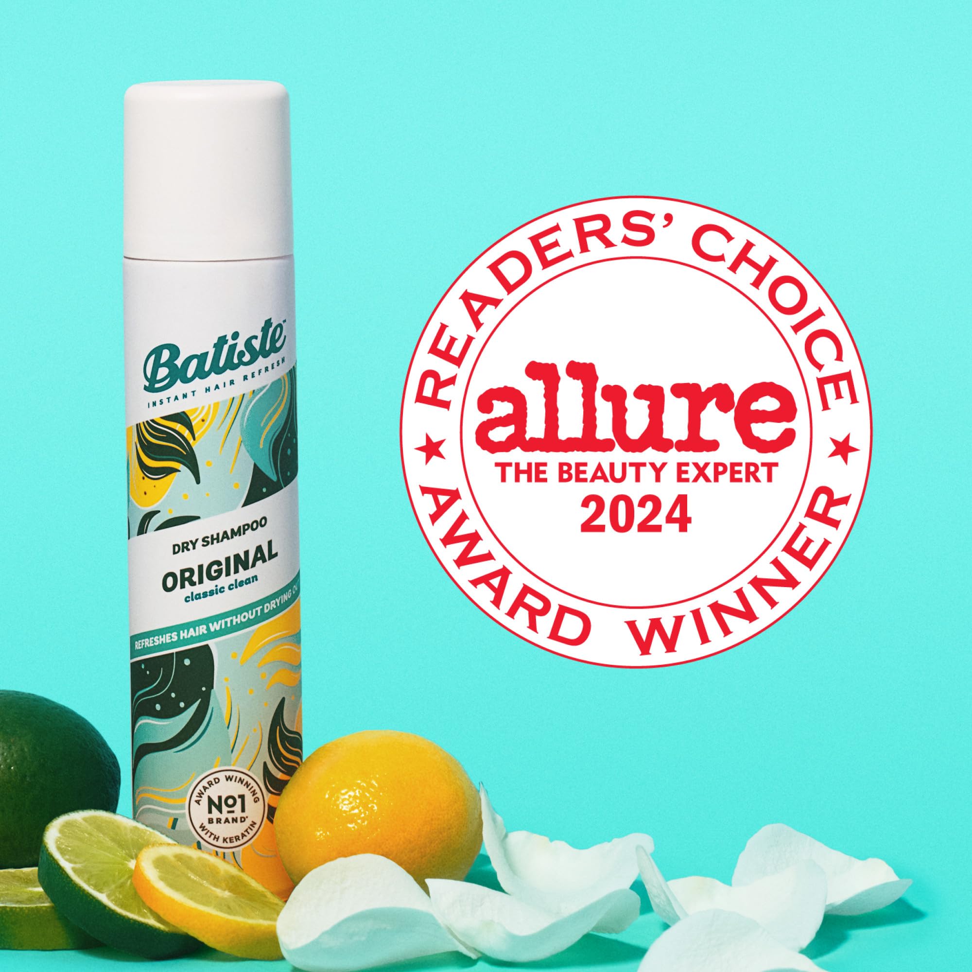 Batiste Dry Shampoo in Original Classic Clean scent, 5.71 oz, with a spray bottle showing the product ready for use.