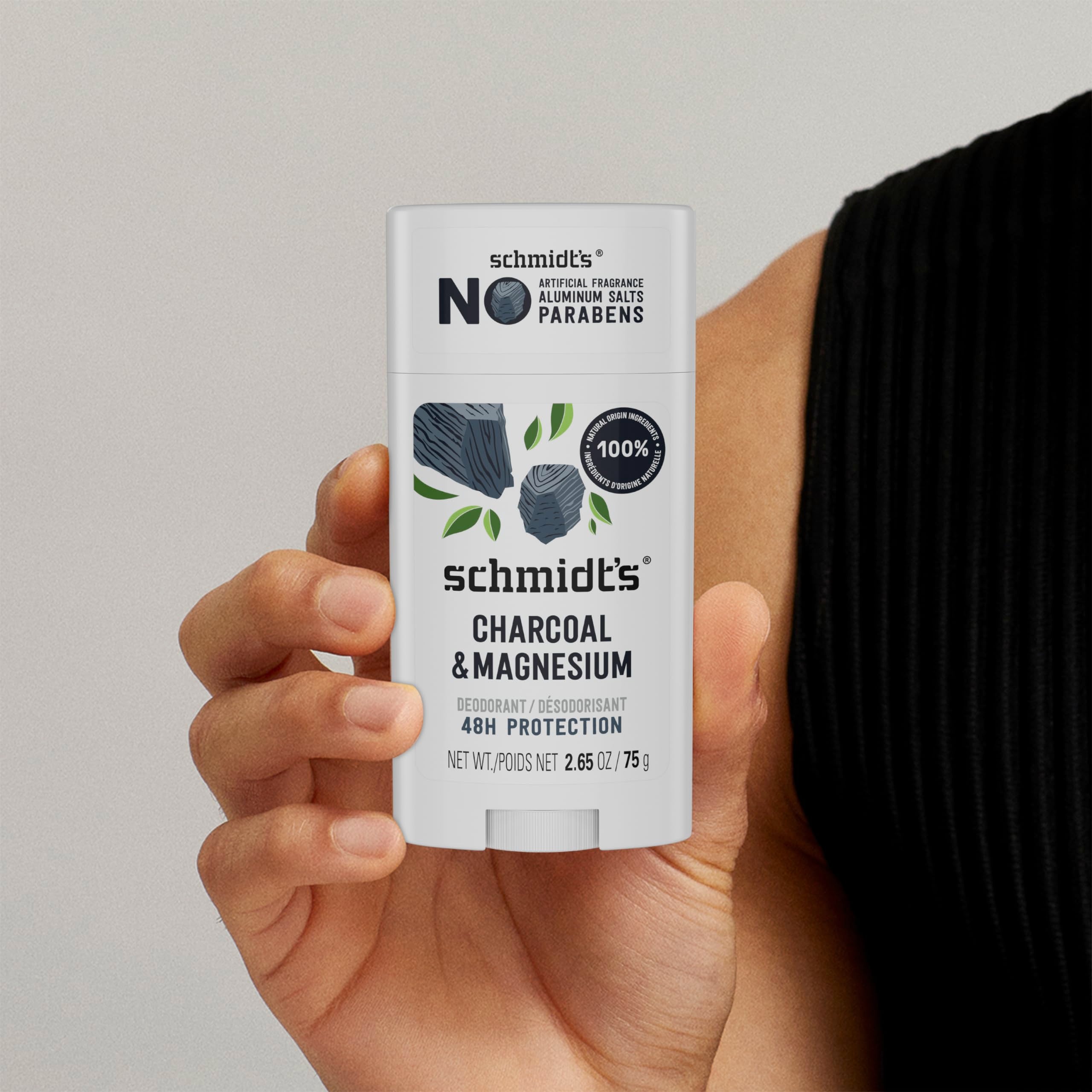 Schmidt's vegan charcoal and magnesium body deodorant stick in 2.65 oz, natural scent, with black and white packaging.