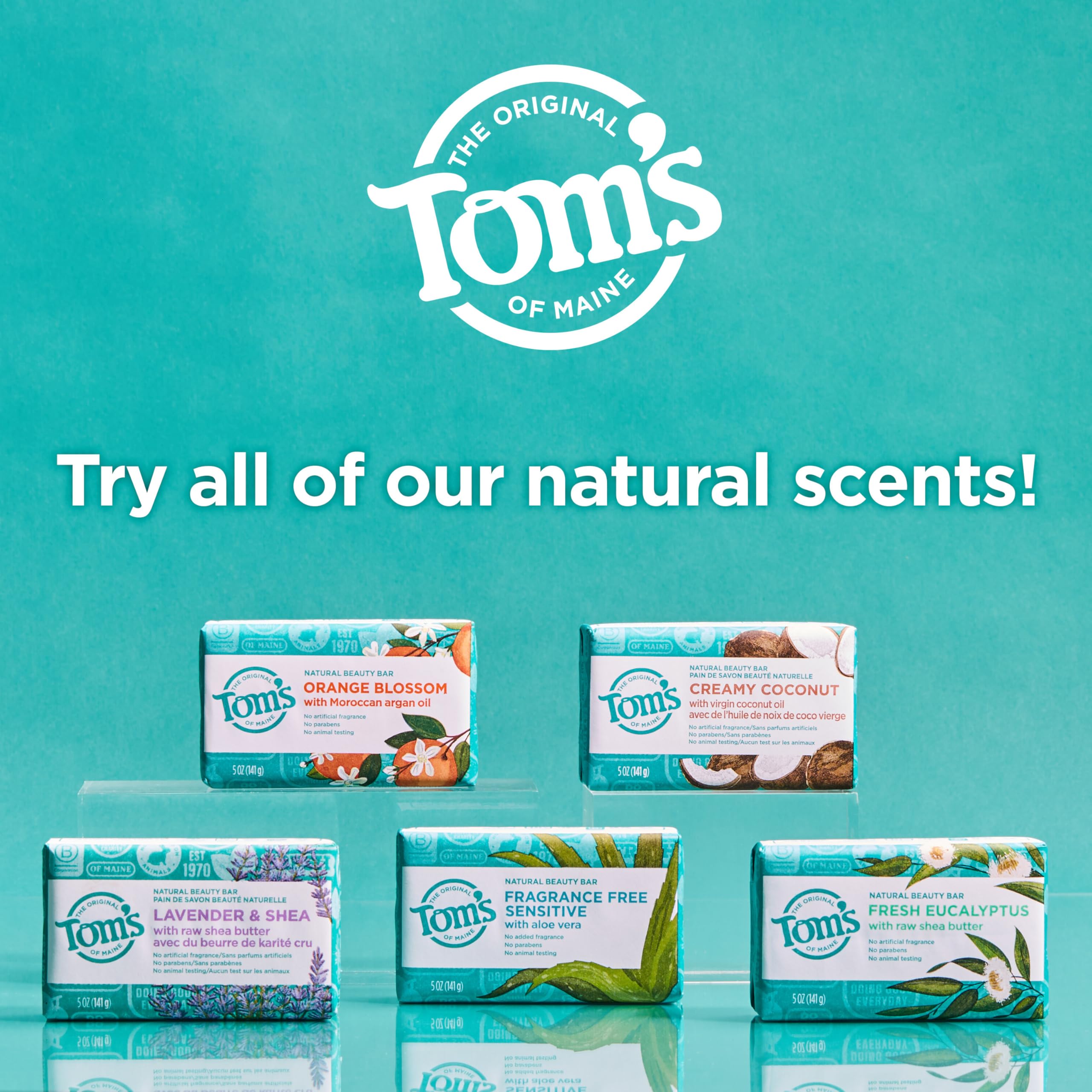 Tom's of Maine fragrance-free natural beauty bar soap, 5 oz, shown in a six-pack package for skin cleaning.