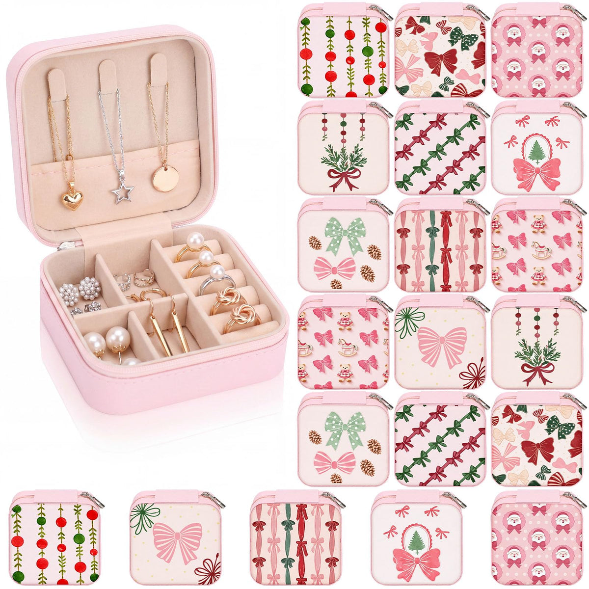 Nosiny 20 Pcs Christmas Pink Coquette Mini Leather Jewelry Box Gift, Bow – Red and Green Butterfly