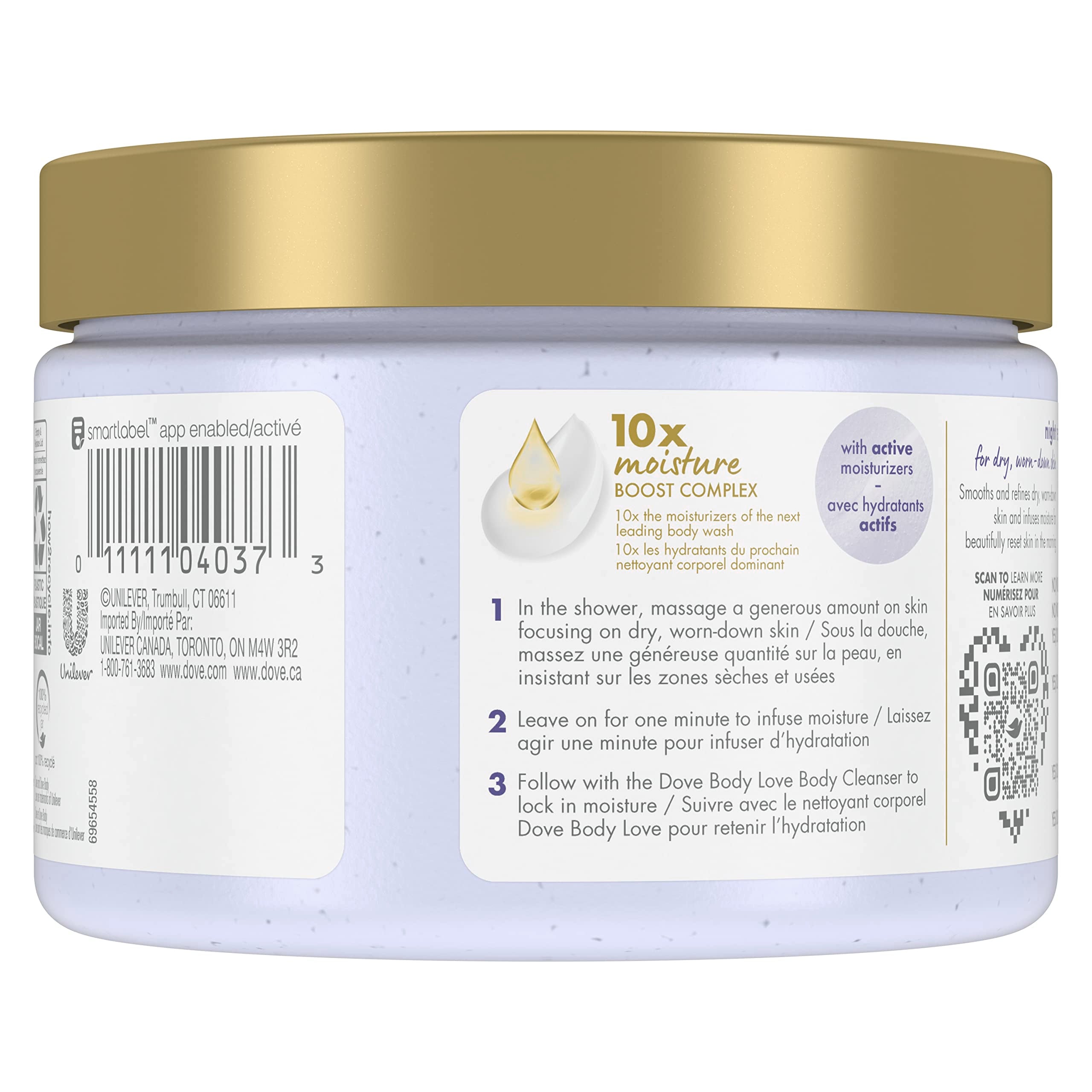 Dove Body Love Night Recovery Body Polish 3-pack with exfoliating skin scrub, 12 oz bottles for smooth, refreshed skin.