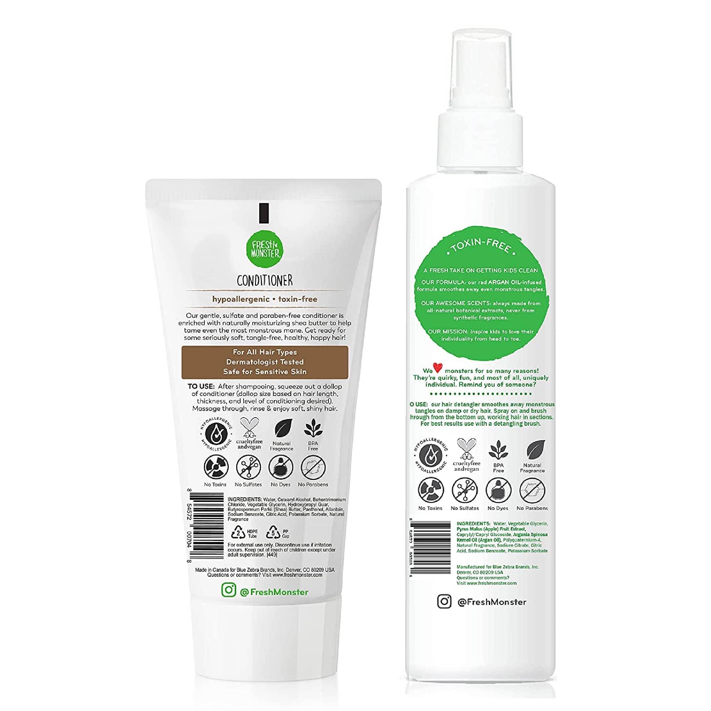 Fresh Monster kids coconut detangler and conditioner bundle, 8.5 oz and 6 oz bottles, gentle hair cleaner and conditioner for children