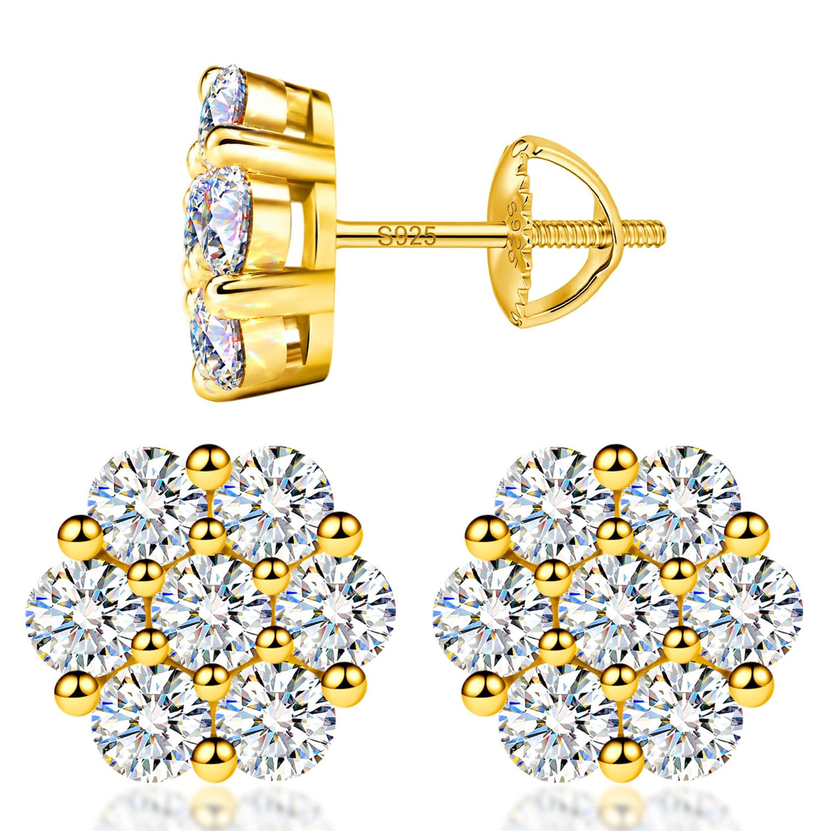 Delzzad Moissanite Earrings, Flower Stud Earrings, 925 Sterling Silver – product photo (Stud)