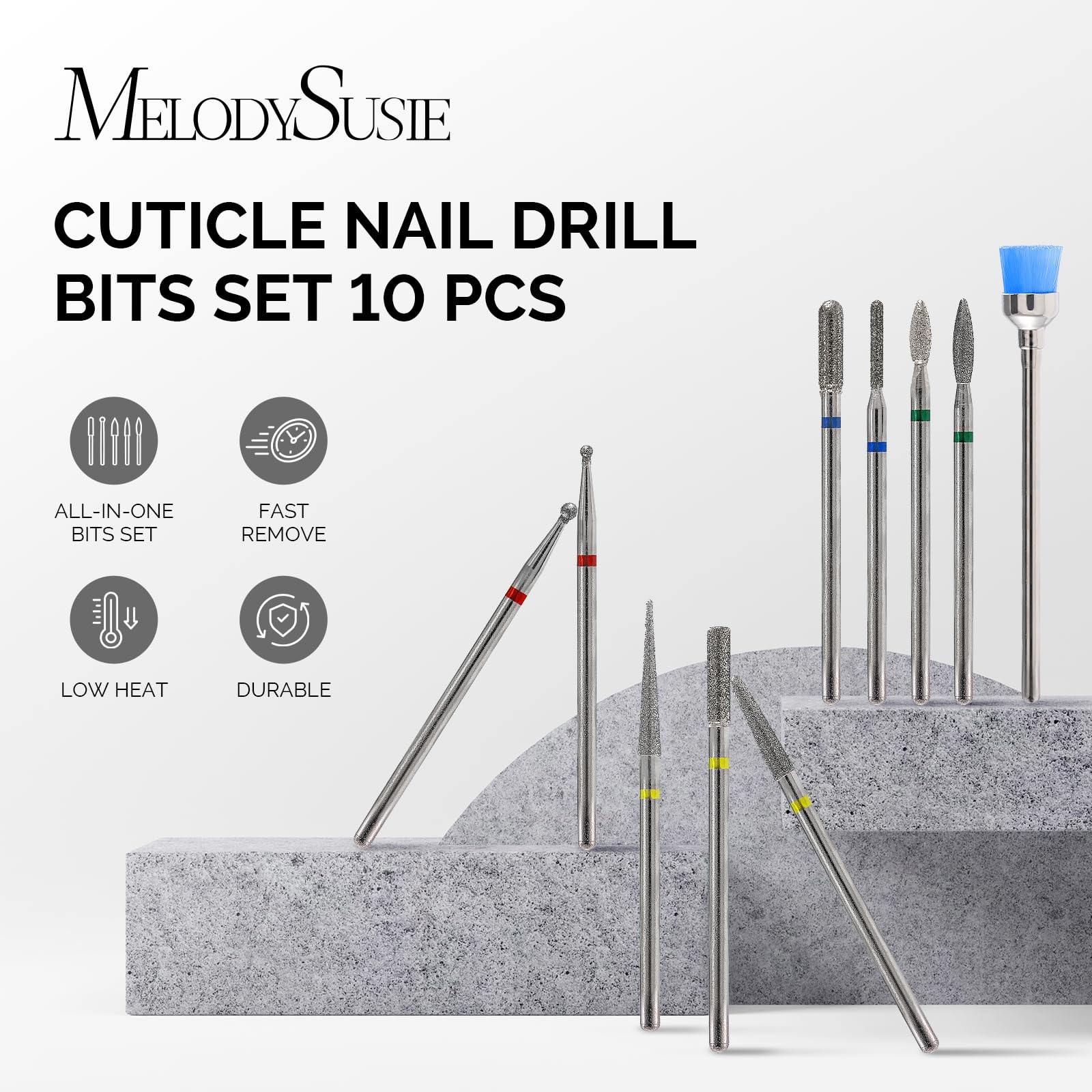 MelodySusie 10pcs Nail Drill Bits Diamond Cuticle Set Silver