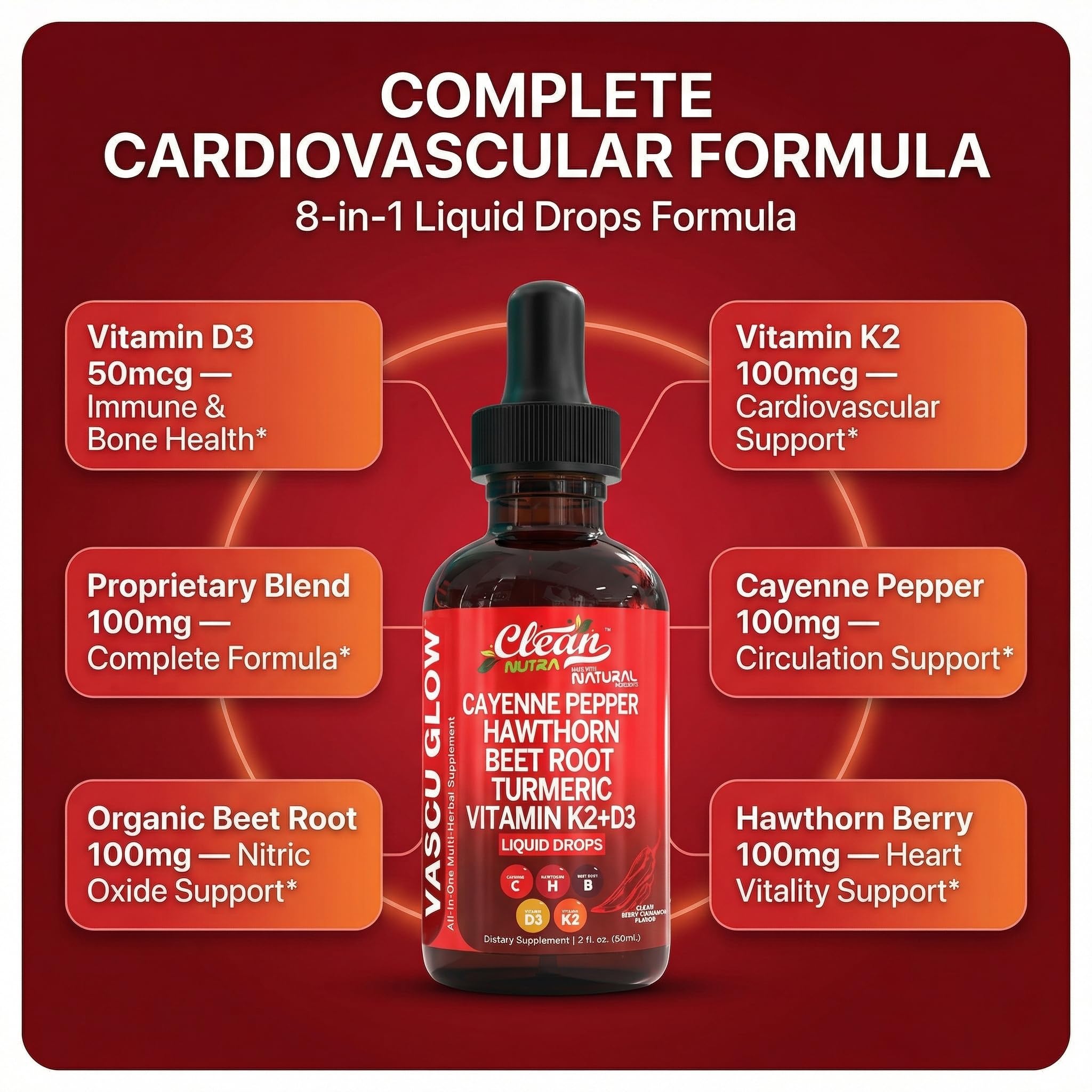 Clean Nutra Cayenne Pepper Drops herbal supplement bottle from Clean Nutraceuticals, featuring cayenne pepper drops for vascular health.