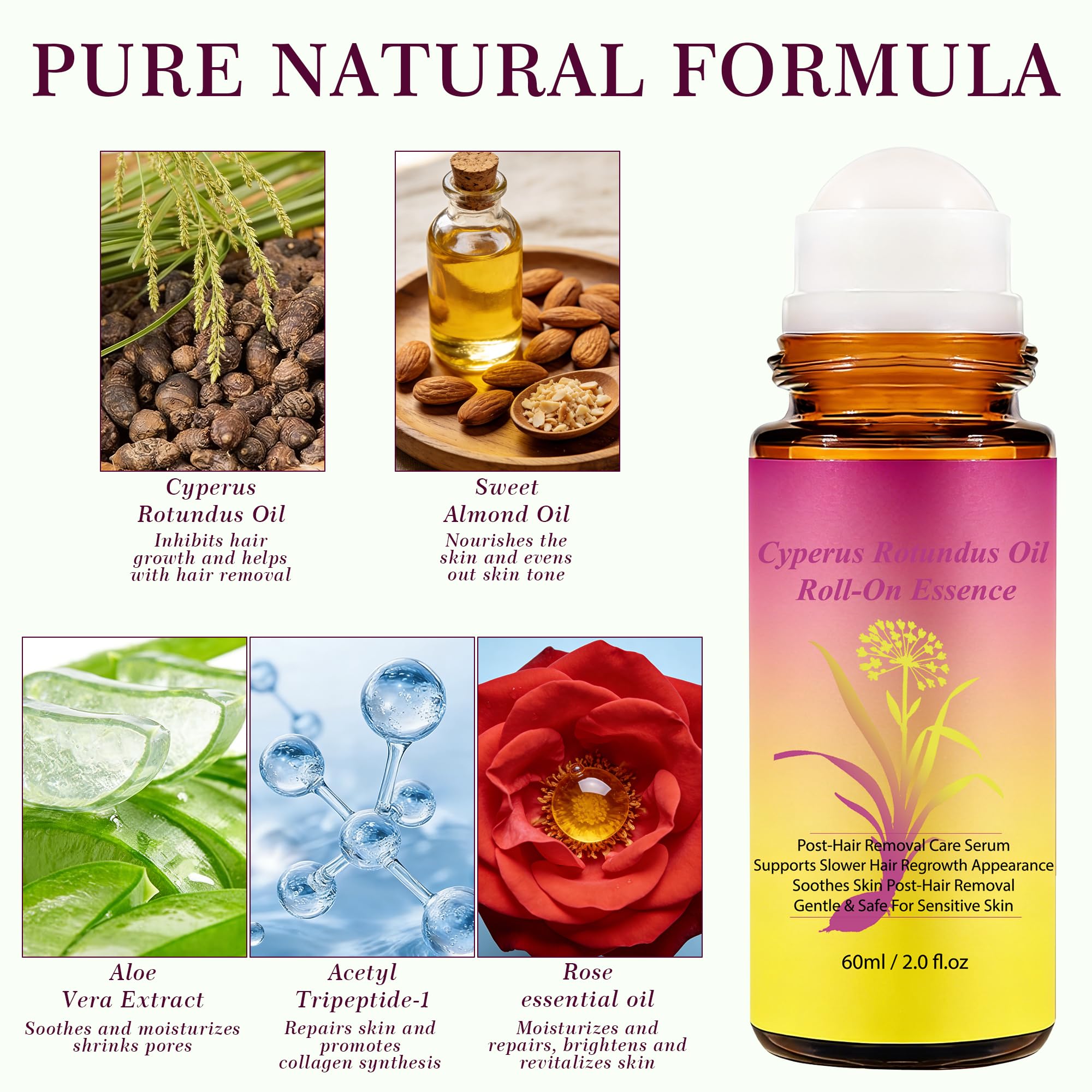 SRIOIO Cyperus Rotundus oil in a 2oz bottle, used as a hair removal agent for smooth skin and effective hair removal.