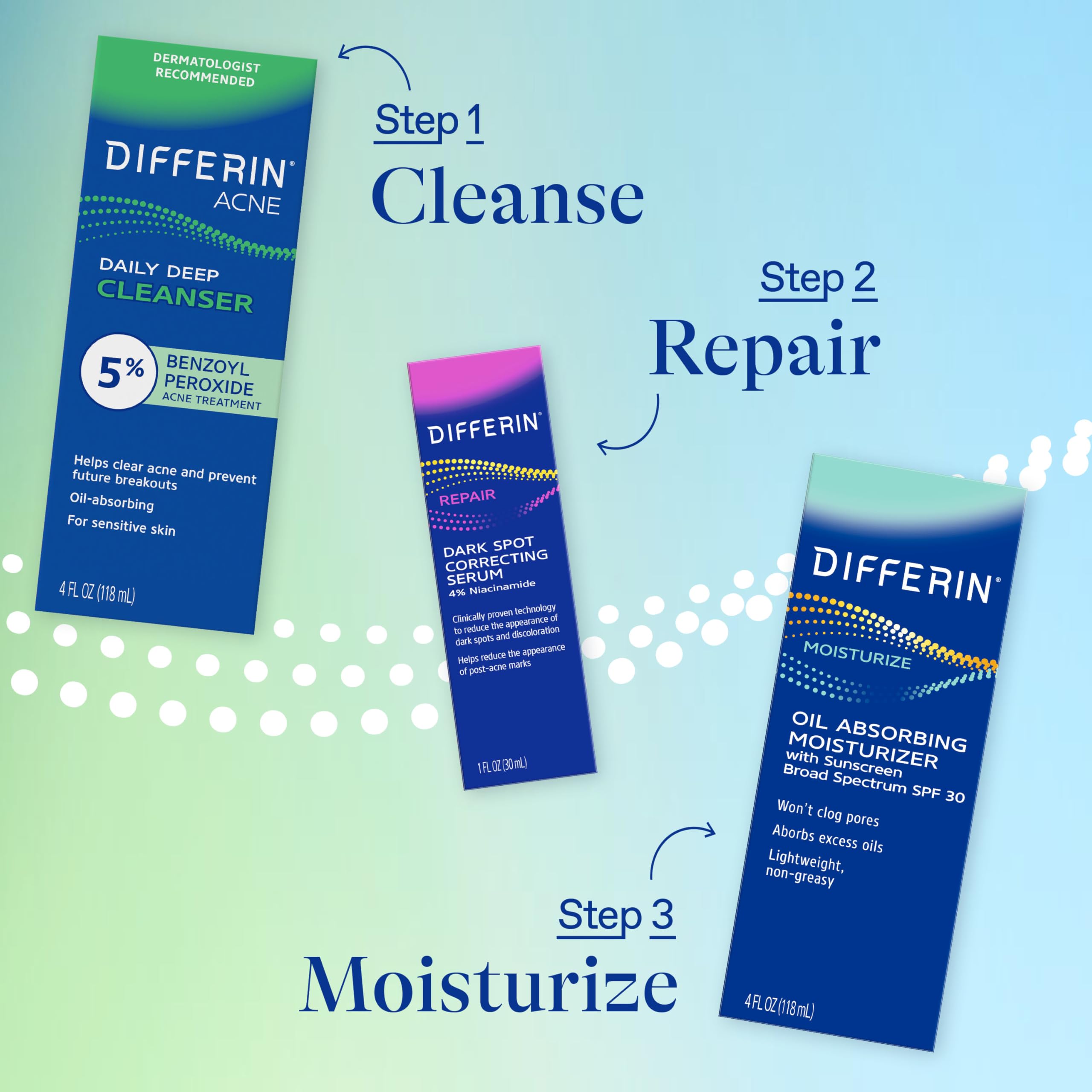 Differin Acne Face Wash with 5% Benzoyl Peroxide, 4oz skin cleaning agent for acne-prone skin in a white bottle