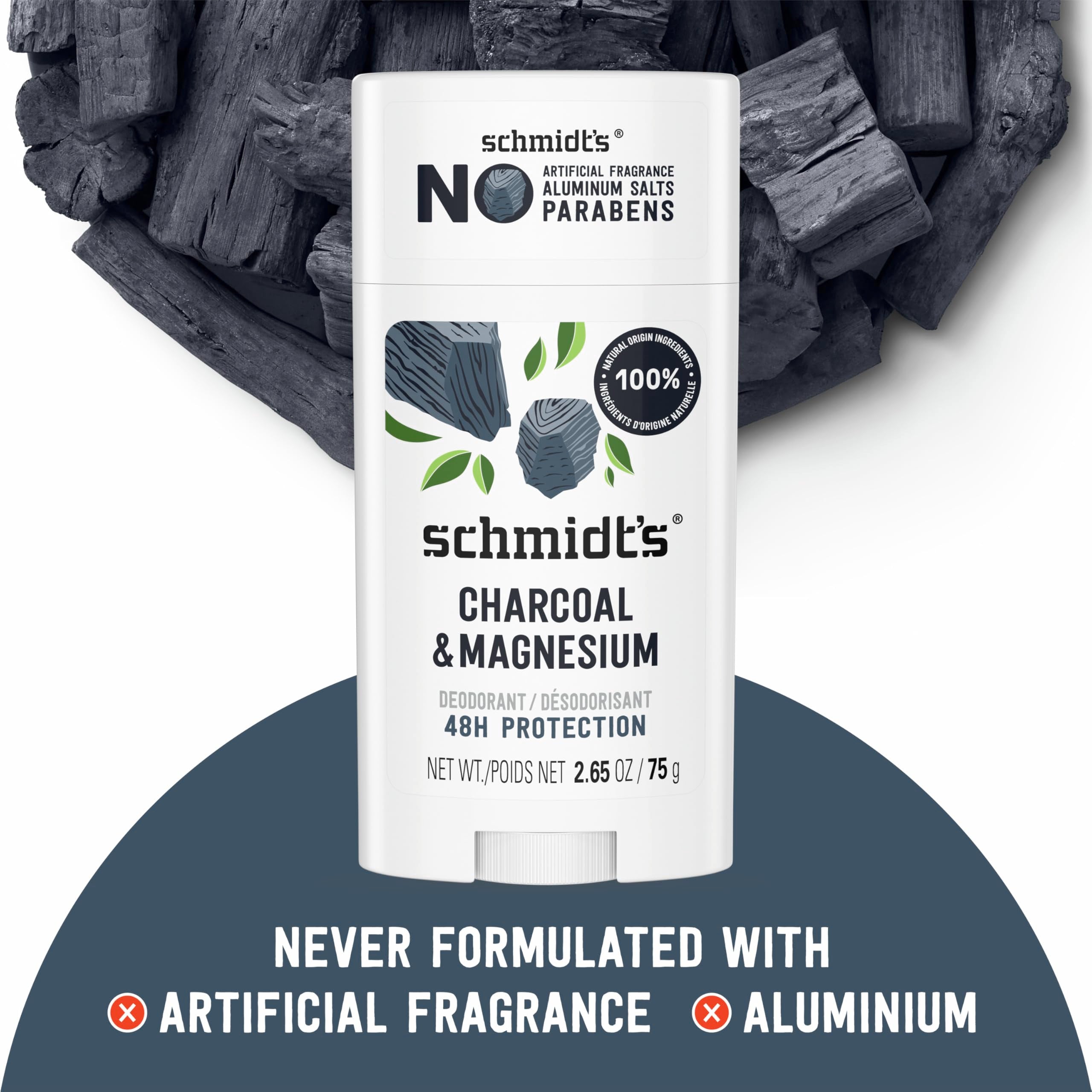 Schmidt's Vegan Deodorant with charcoal and magnesium in a 2.65 oz stick, natural body deodorant for freshness and odor control.