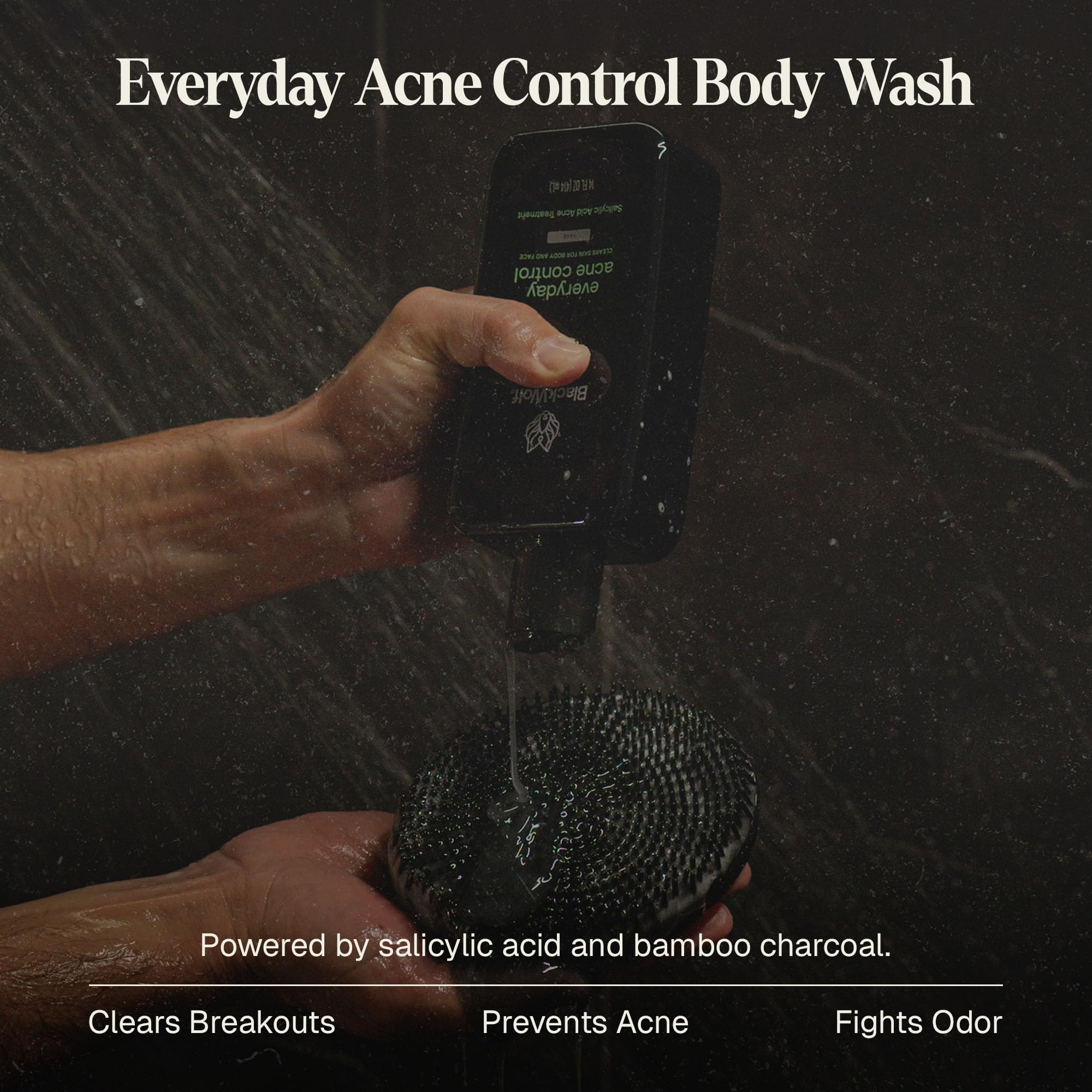 Black Wolf Salicylic Acid Body Wash for Men, 14 oz, close-up of the bottle showing the label and product details.