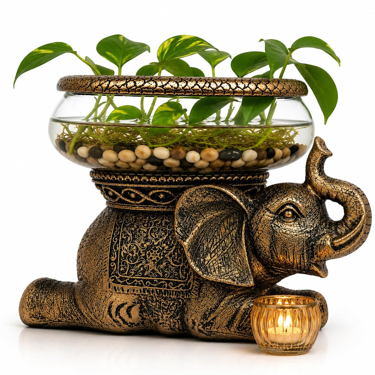 THE NIFTY NOOK Elephant Decorative Bowl with Removable Glass Vessel, Antique Gold Finish, Tabletop Plant Display, Gift B