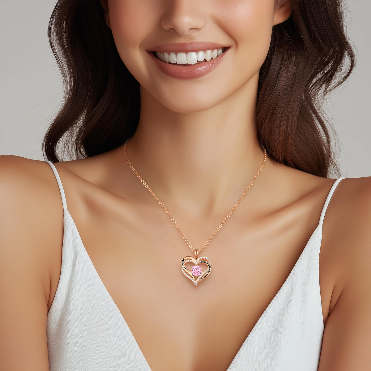 CDE 18K Rose Gold Heart Pendant Necklaces Gift, Birthstone Jewelry Gift – close-up detail in 10-Oct-Vintage Pink