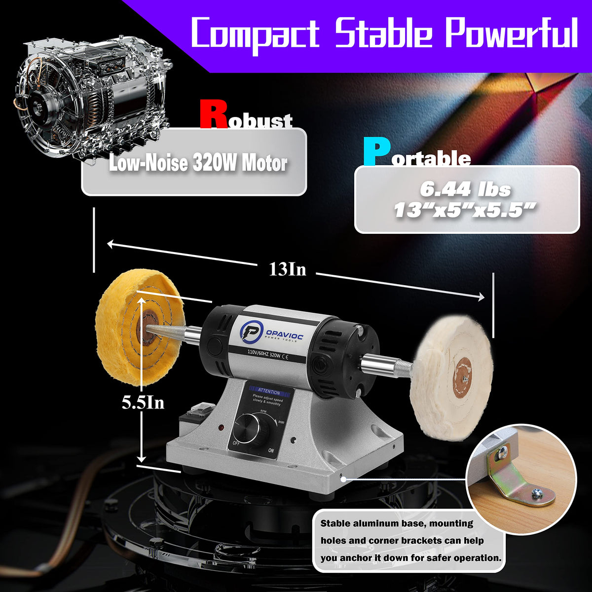 OPAVIOC Jewelry Polisher - Adjustable Variable Speed Bench Grinder Polishing & Buffing Machine, Dental Buffer & Lathe - 