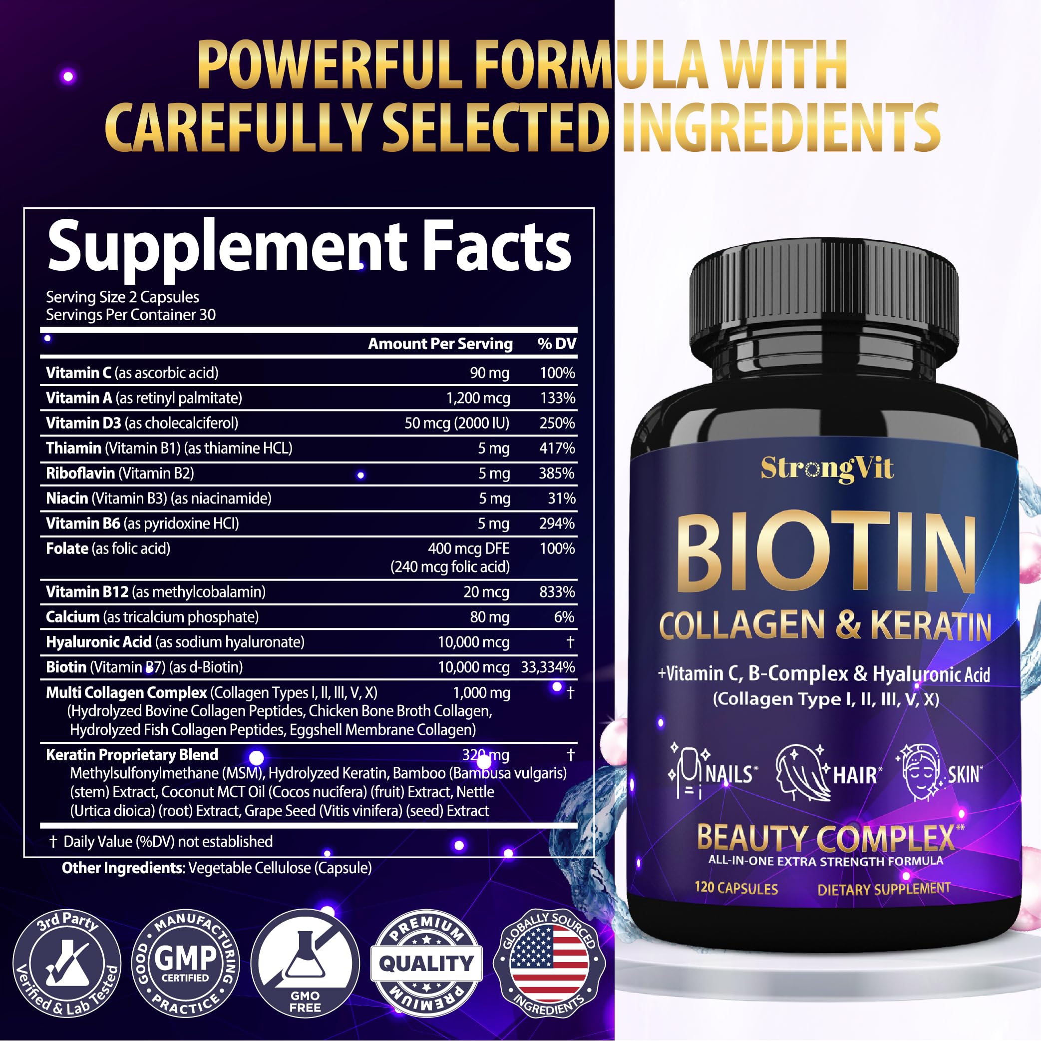 StrongVit Biotin with Hyaluronic Acid, Keratin and Collagen Supplements - 10000mcg for Hair Growth Women and Men - Hair Skin and Nails Vitamins - 60 Capsules