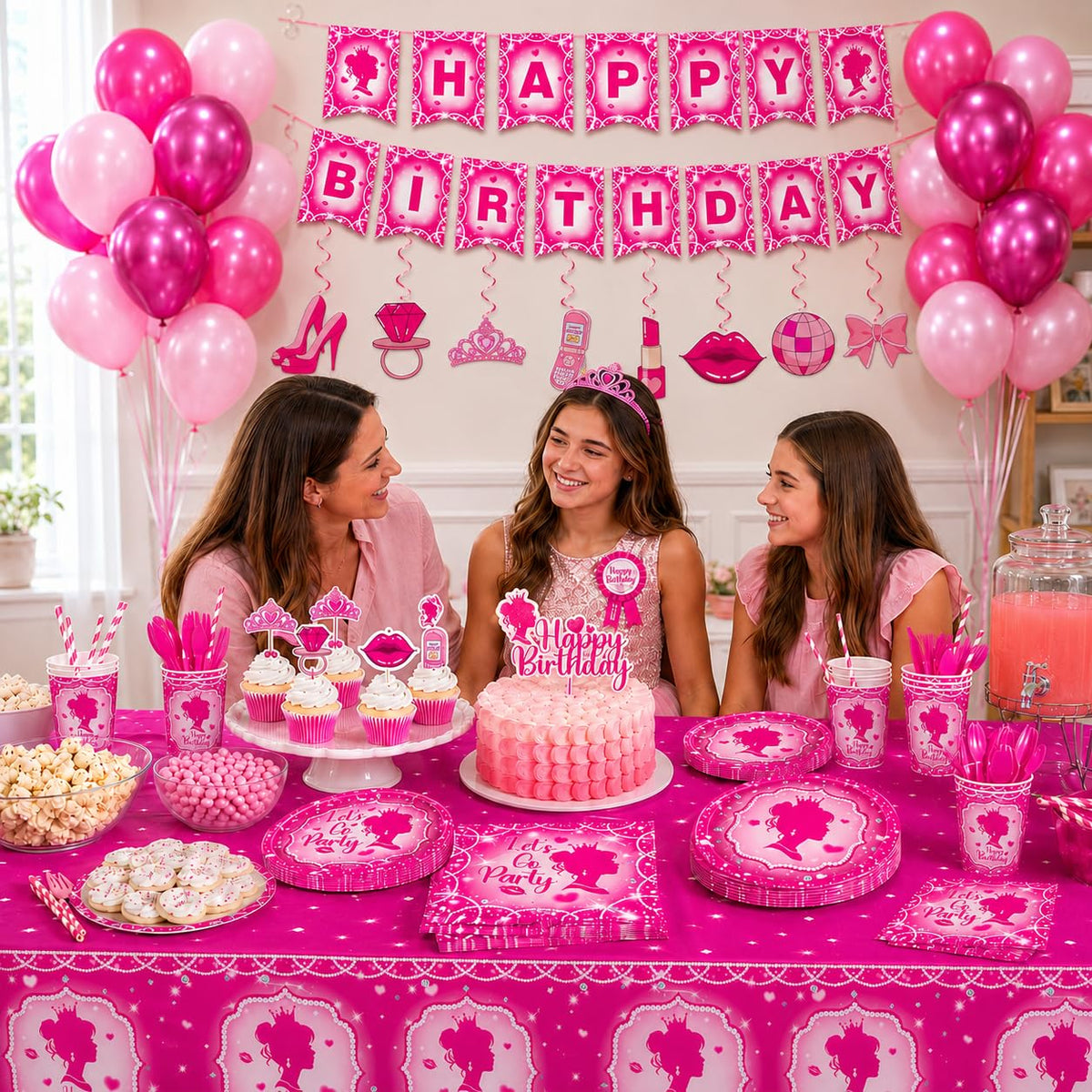 julyshy Hand-Drawn Hot Pink Birthday Decorations, 24 Guests Party Supplies – Pink, Hot Pink, Foil, Latex, Plastic, paper