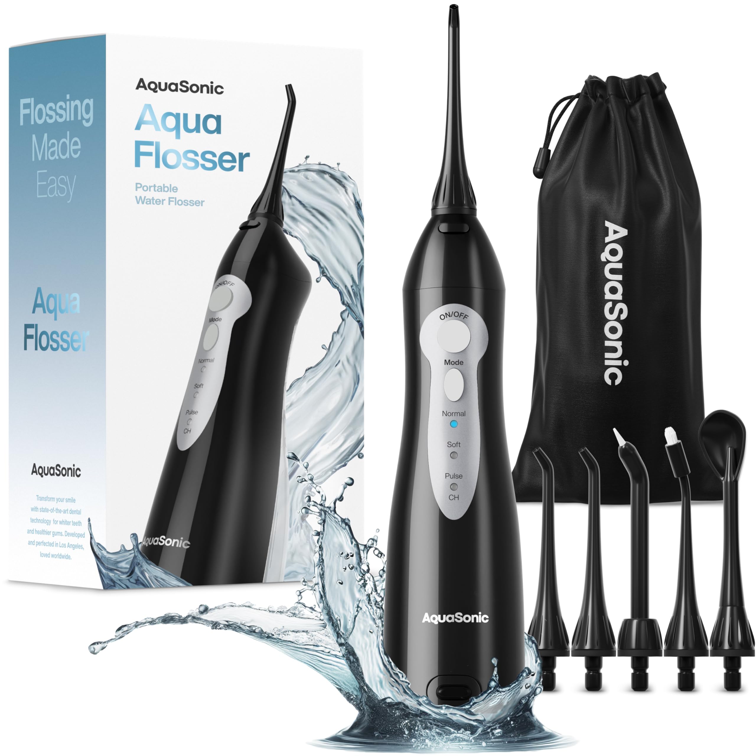 Cordless AquaSonic Aqua Flosser oral irrigator with water reservoir and adjustable settings, designed for effective dental cleaning.