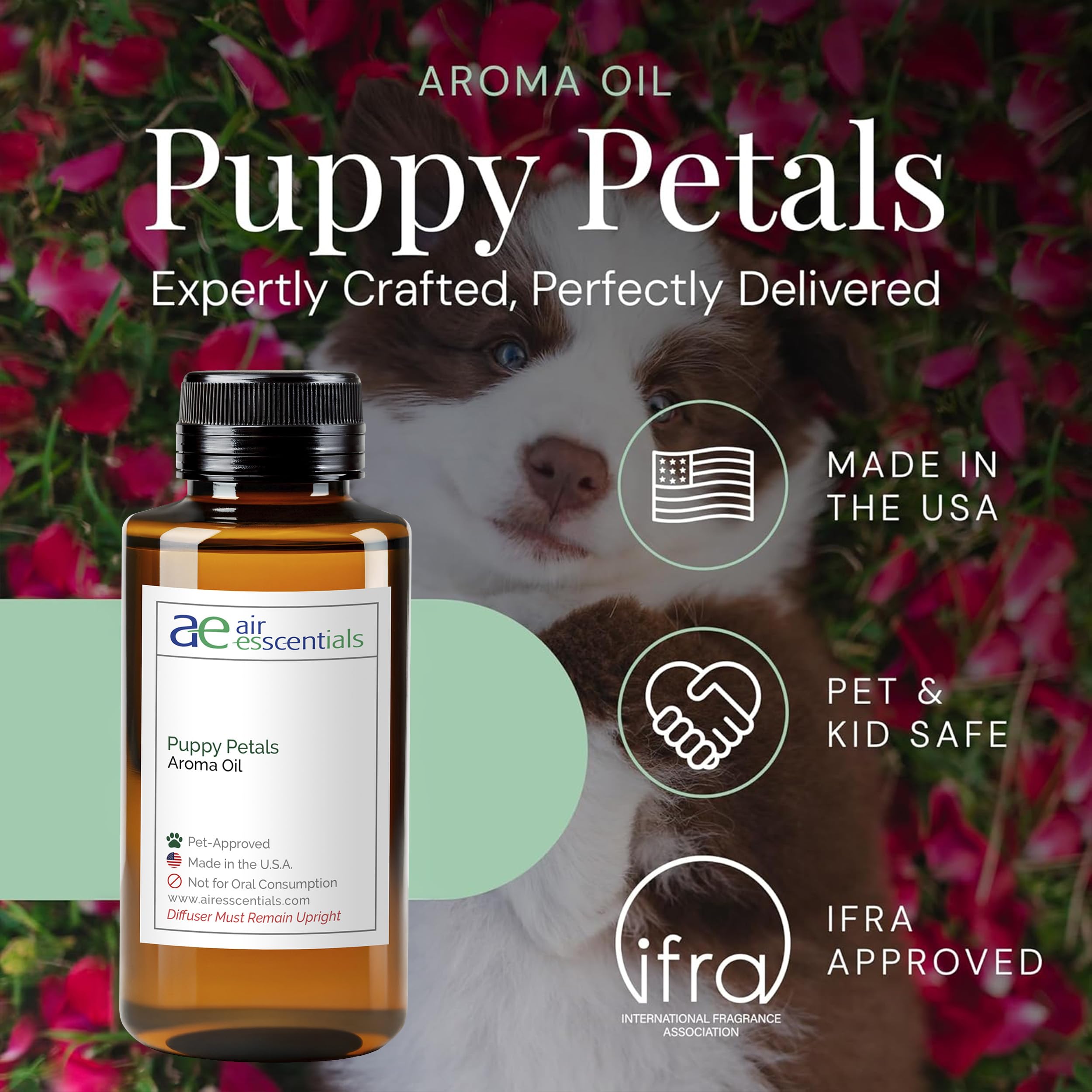 Air Esscentials Puppy Petals pet-safe aroma oil in 300mL bottle, natural essential oil with floral scent for pets and home use