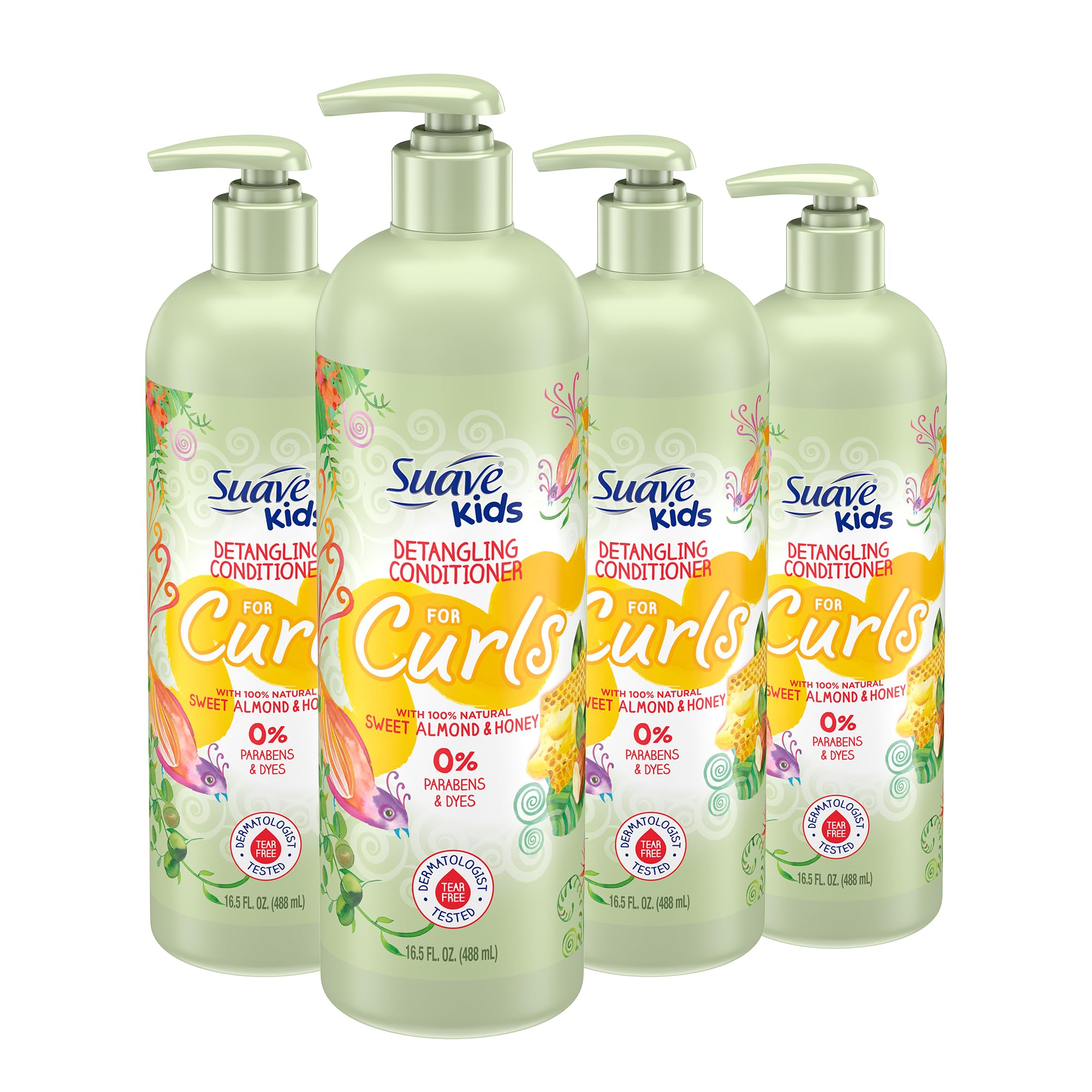 Suave Kids Sweet Almond & Honey Curl Conditioner 16.5 oz pack, showing four bottles of gentle hair conditioner for kids' curly hair.