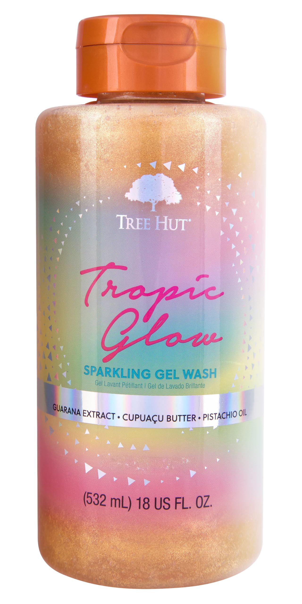 Tree Hut Tropic Glow foaming body wash in 18 oz bottle, with tropical scent and vibrant packaging.