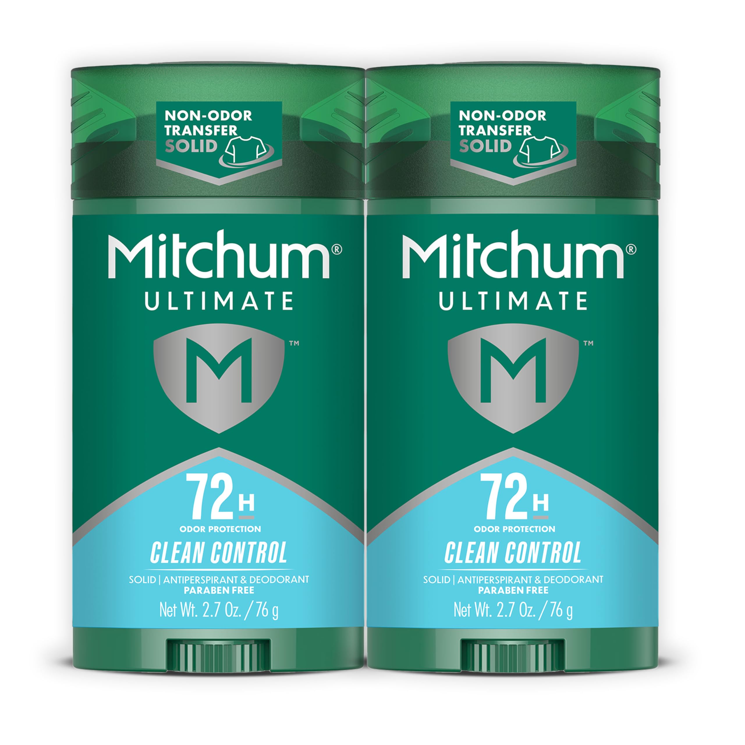 Two Mitchum 72H odor protection antiperspirant deodorants in clean control scent, showing the stick form in a 2-pack.