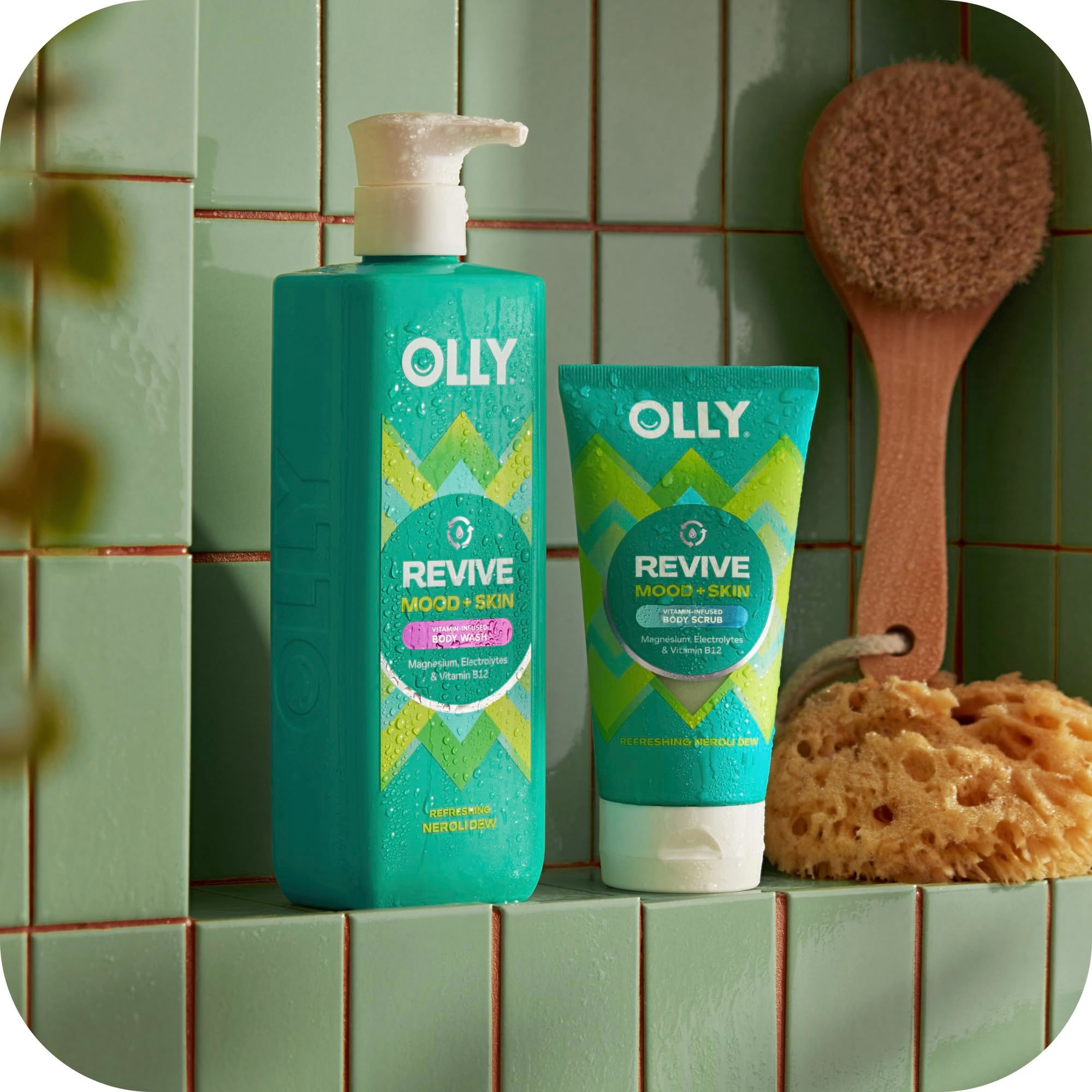 OLLY Revive body wash with magnesium, electrolytes, and vitamin B12 in a 17 oz bottle, designed for skin cleansing and refreshment.