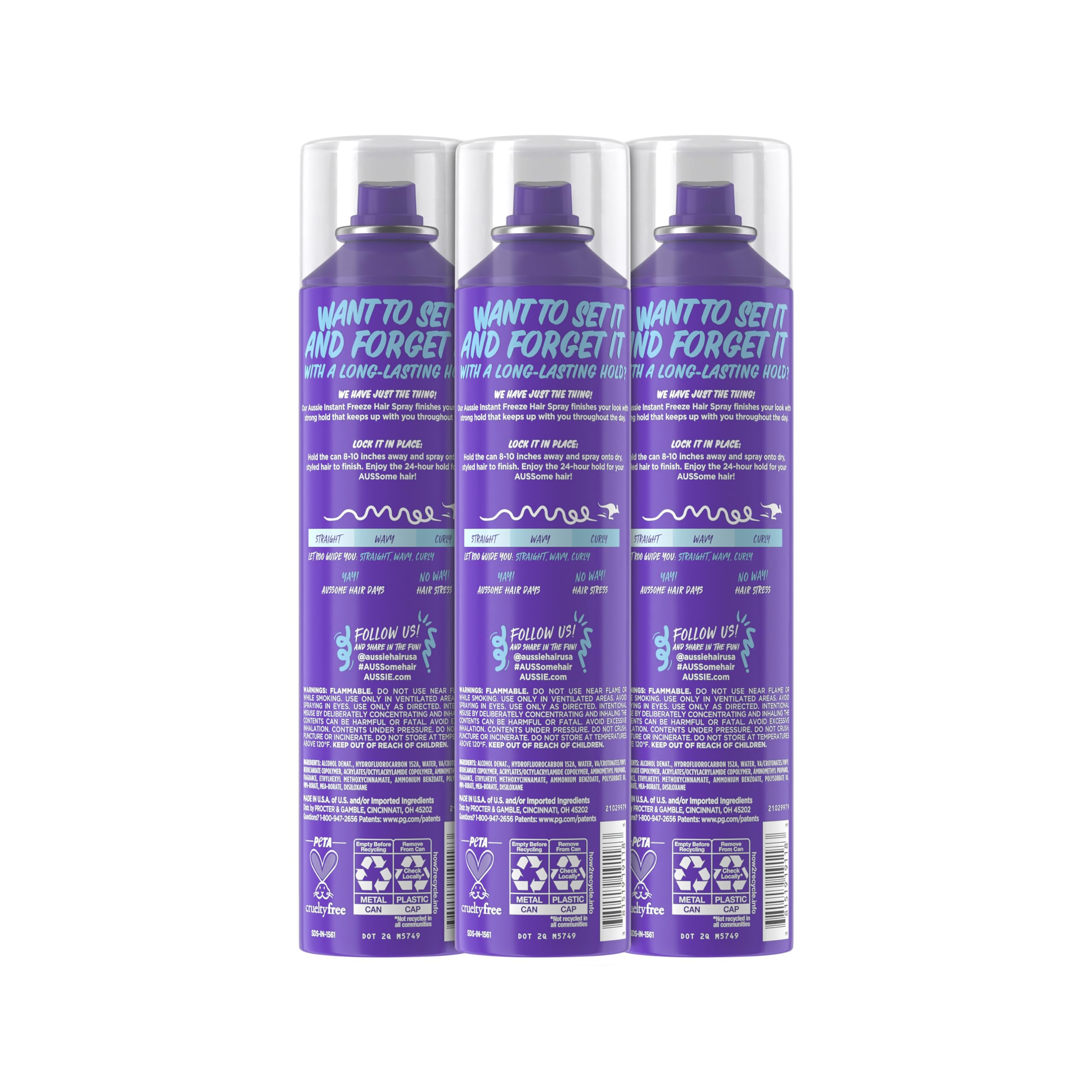 Aussie Instant Freeze Hair Spray, extreme hold, 10oz bottles in a 3-pack, perfect for strong, long-lasting hair styling.