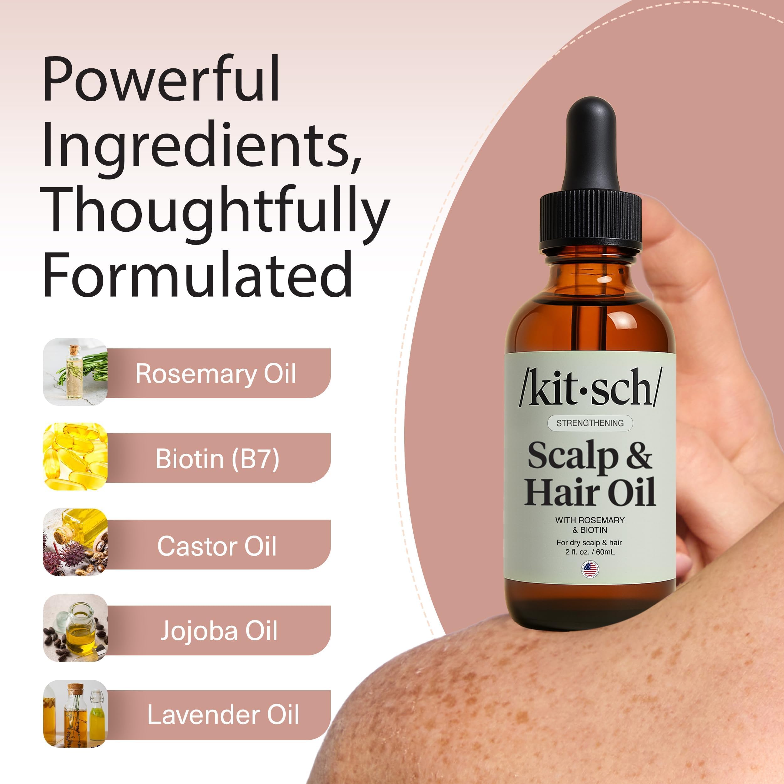 Kitsch Rosemary Oil for Hair Growth in 60mL bottle, featuring castor oil, biotin, and jojoba for nourishing scalp care.