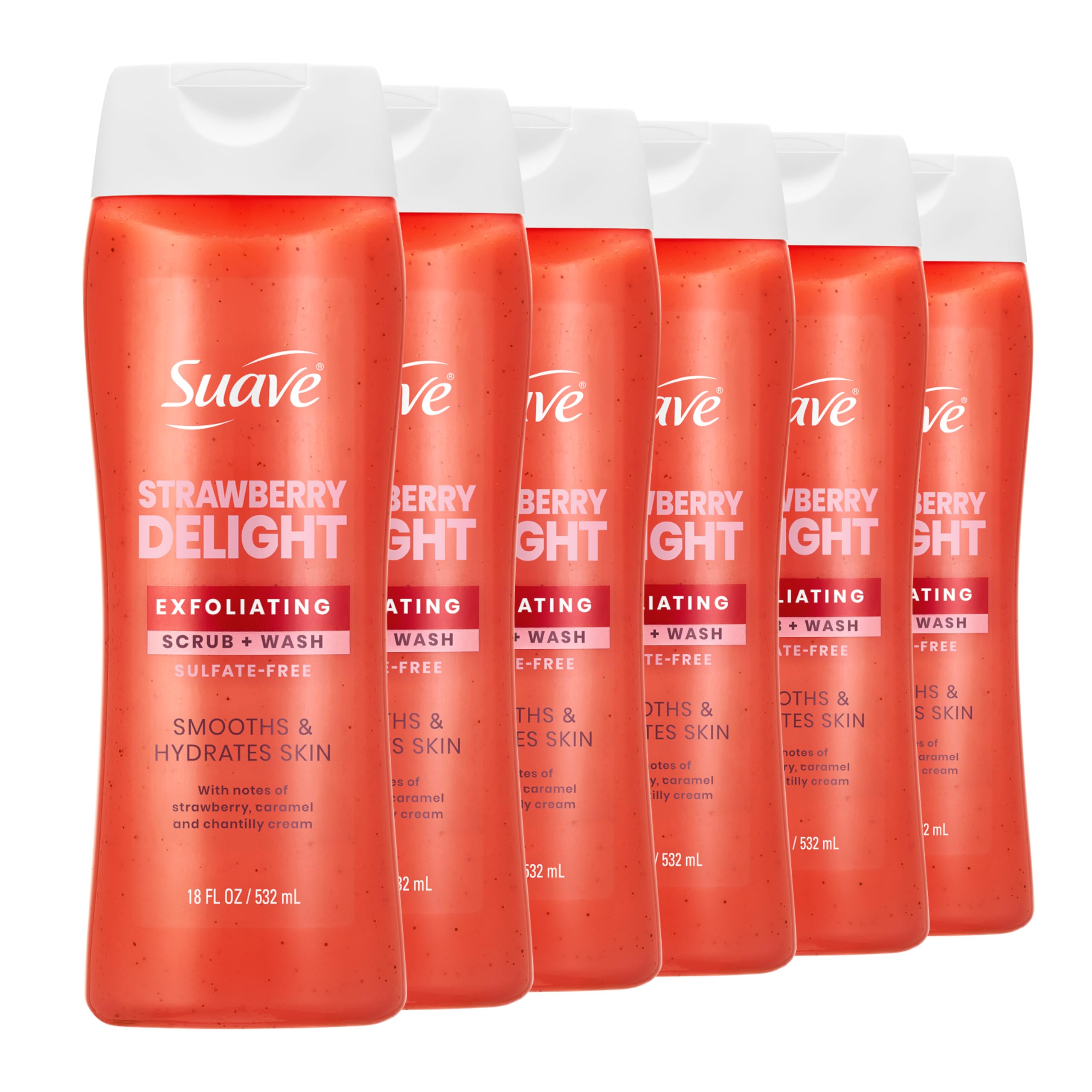 Suave Strawberry Delight Exfoliating Body Wash & Scrub with Glycerin & Vitamin E, Sulfate-Free Hydrating Cleanser for Soft, Smooth Skin, 18 FL OZ Pack of 6