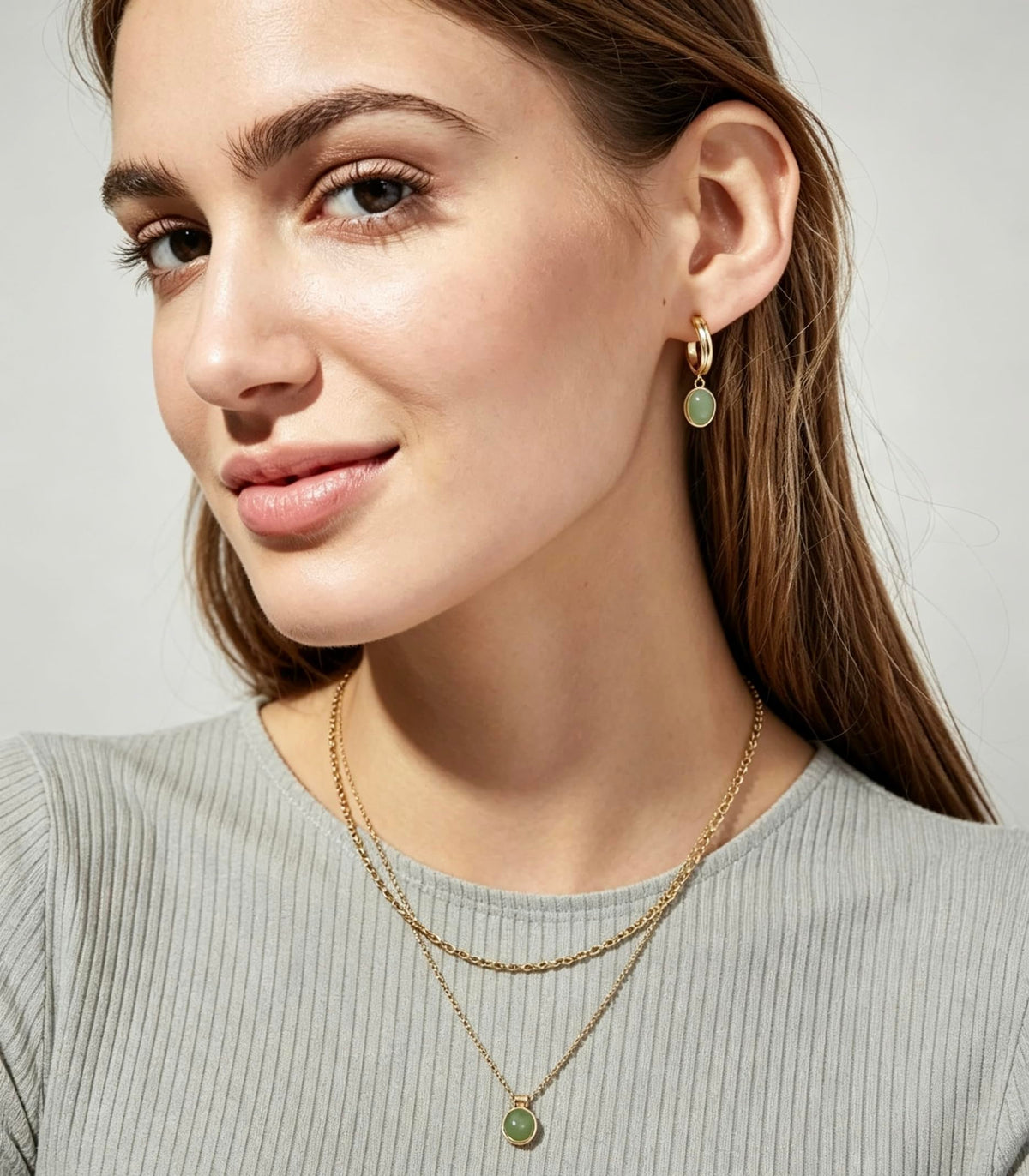 DISTANT DRUMS Simple Natural Green Aventurine Stone Jewelry Set for Women,Hoop Earrings,Bracelet,Necklace,18K Gold-plate