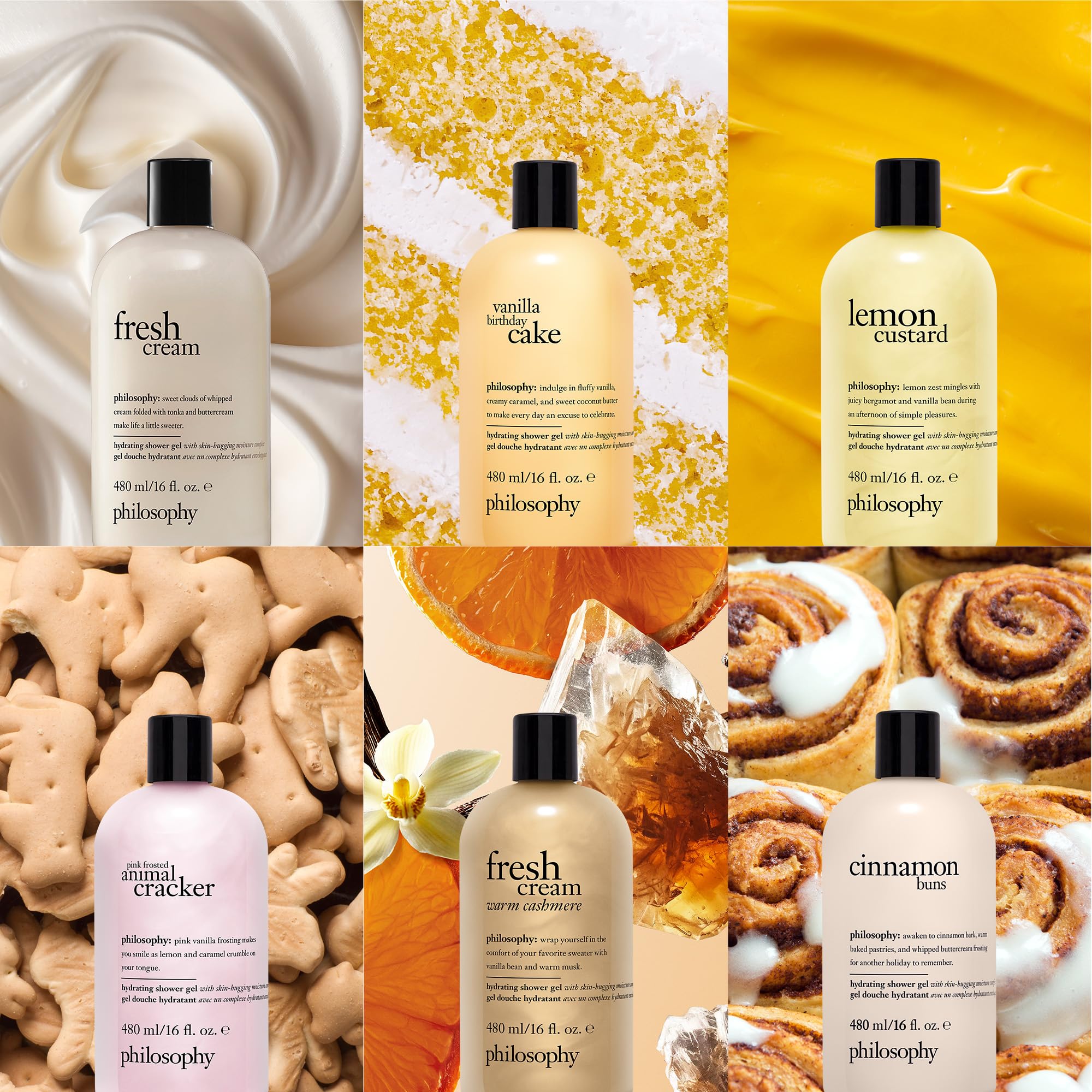 Philosophy Lemon Custard Shower Gel 16 fl oz, clear bottle with yellow liquid and label, showing the skin cleaning agent product.