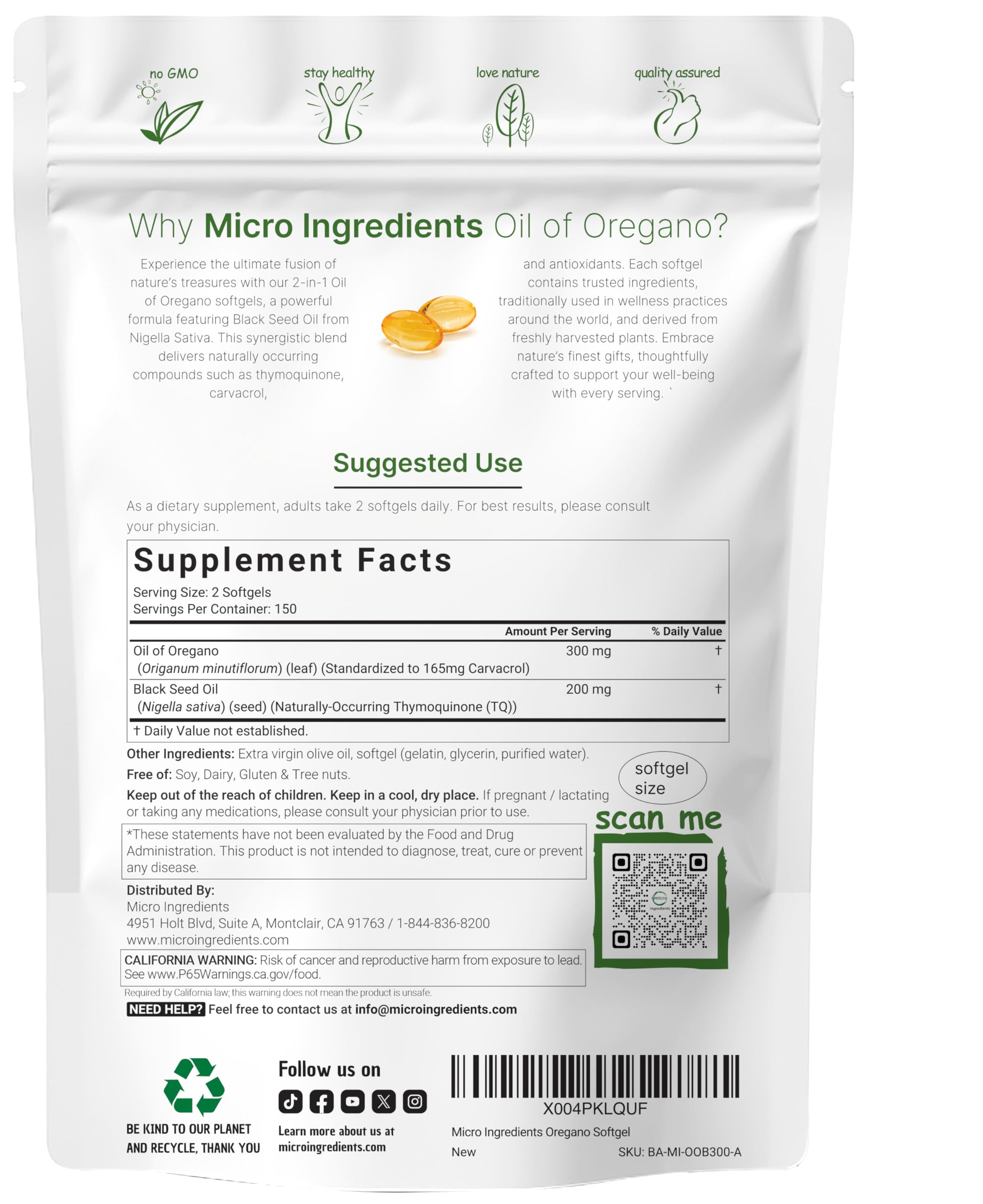 Micro Ingredients Oil of Oregano with Black Seed Oil, 300 Softgels