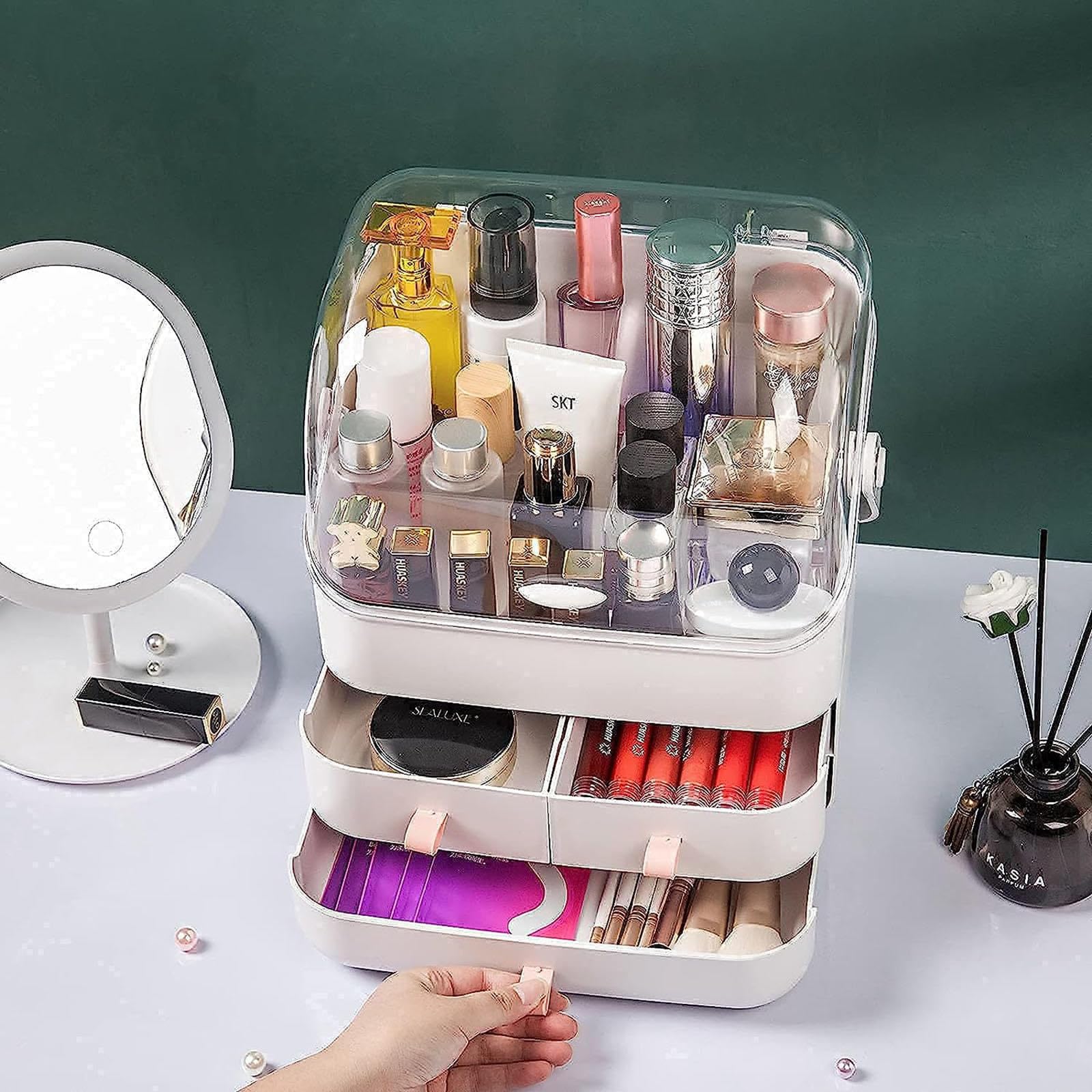 VIDECOR Organize Beauty Waterproof Dustproof Makeup Organizer Box for Bathroom, Dresser, Countertop & Bedroom Storage,White