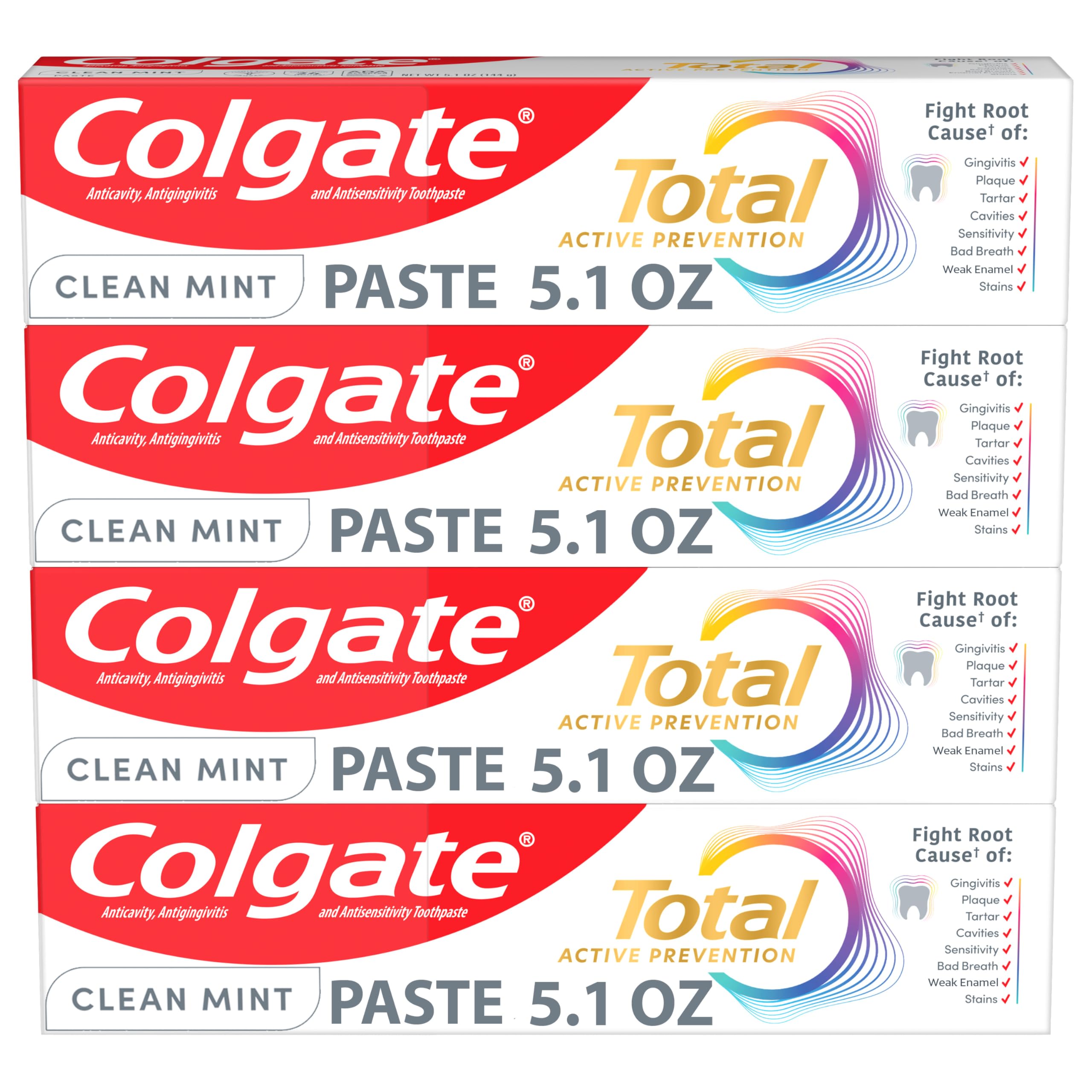 Colgate Total Fluoride Toothpaste, Clean Mint, 4 Pack, 5.1 oz - Product Imagery