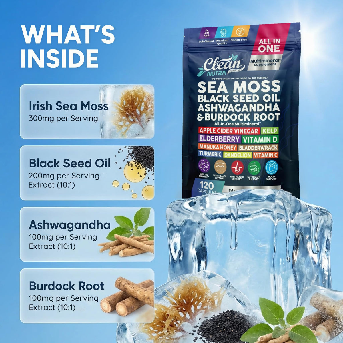 Sea Moss Capsules Black Seed Oil Ashwagandha Burdock Root - Clean Nutraceuticals Official Imagery - 4
