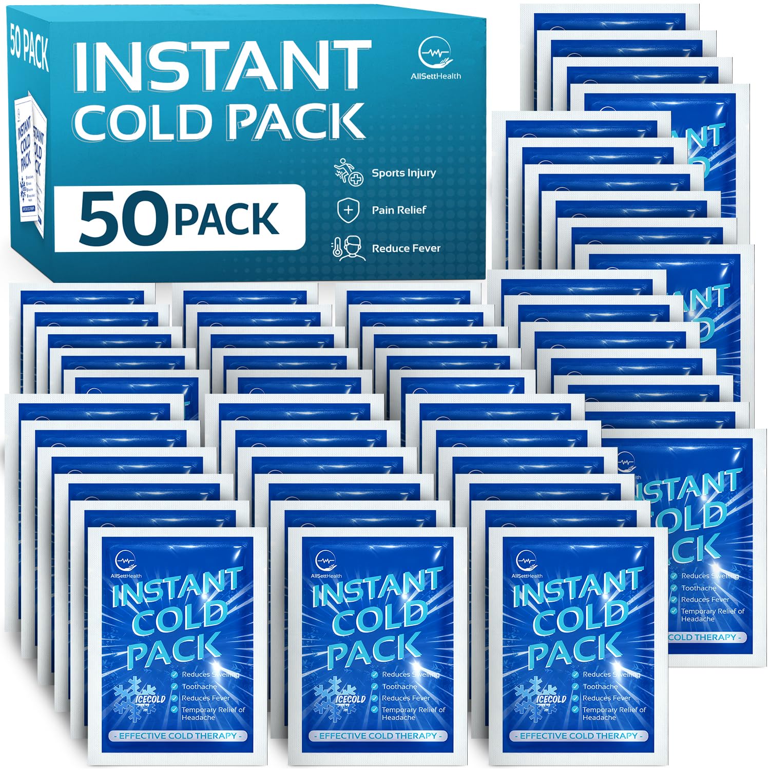 50 Pack Instant Ice Packs for Injuries, Disposable First Aid - Product Imagery