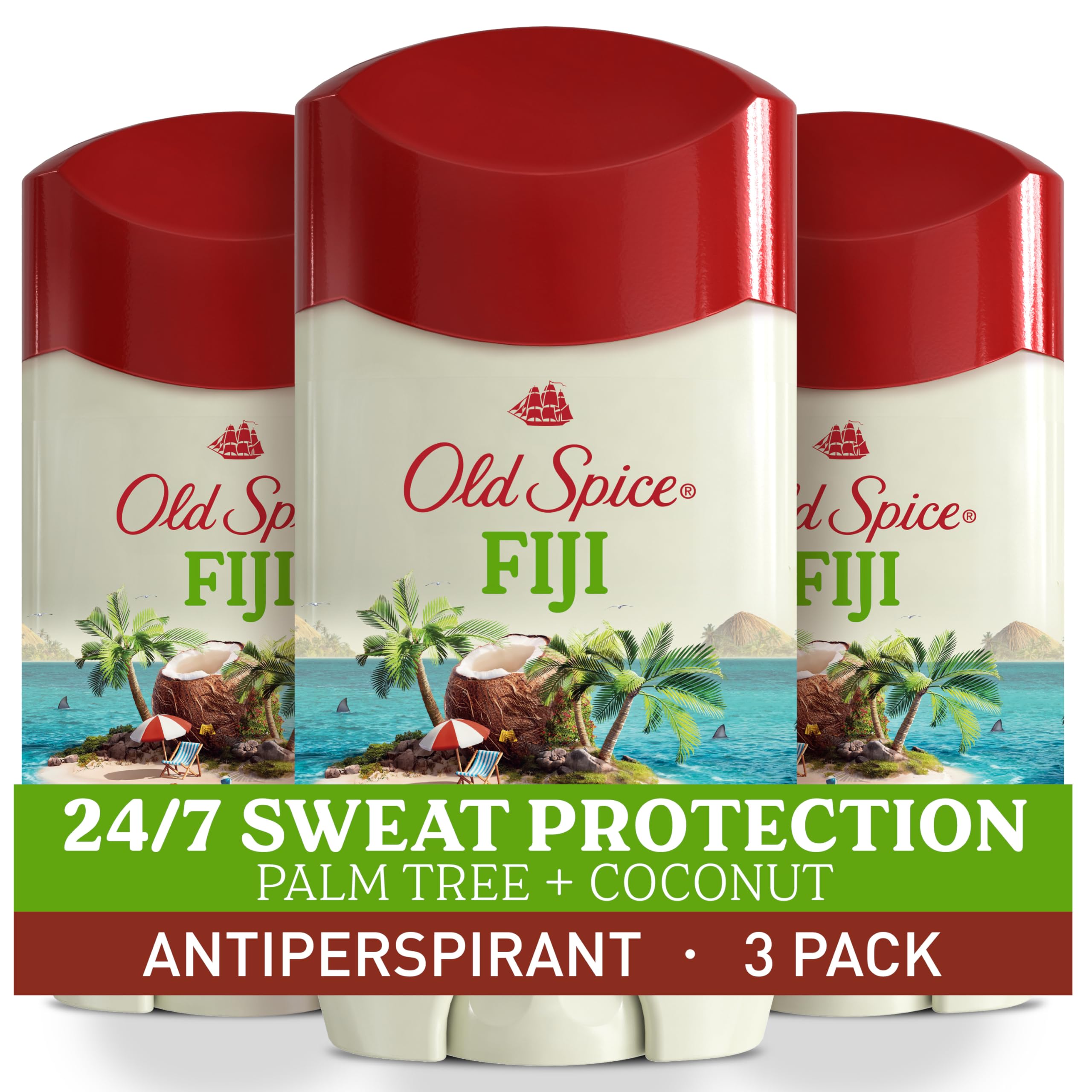 Old Spice Dry Feel antiperspirant deodorant for men, Fiji scent with palm and coconut, 2.6 oz, pack of 3, showing the stick and packaging.