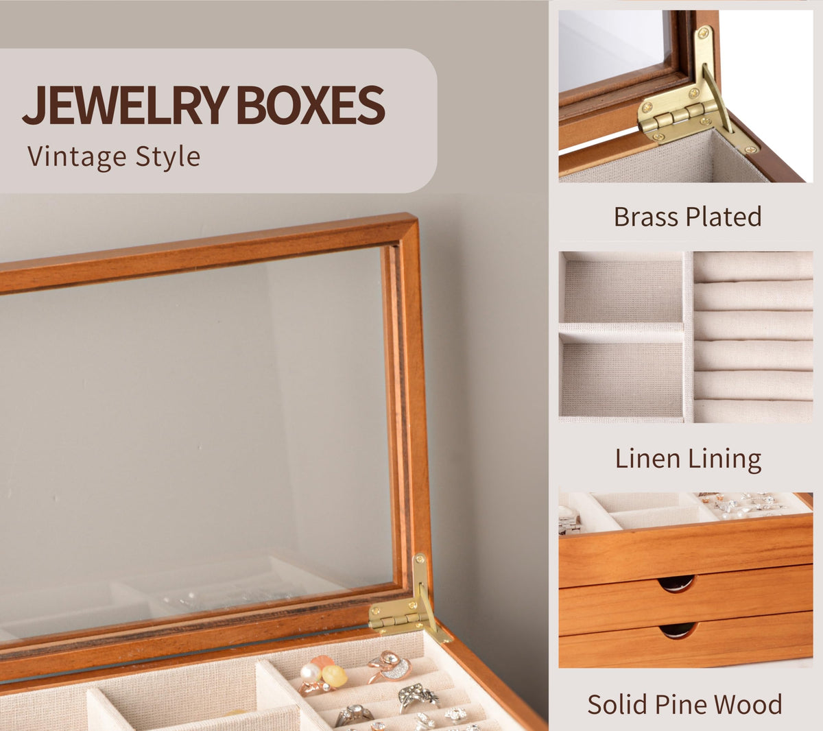 Clasin Home Jewelry Box with Glass Lid, 3 Layer Jewelry Organizer for Women, Solid Wooden Jewelry Box Display for Ring E
