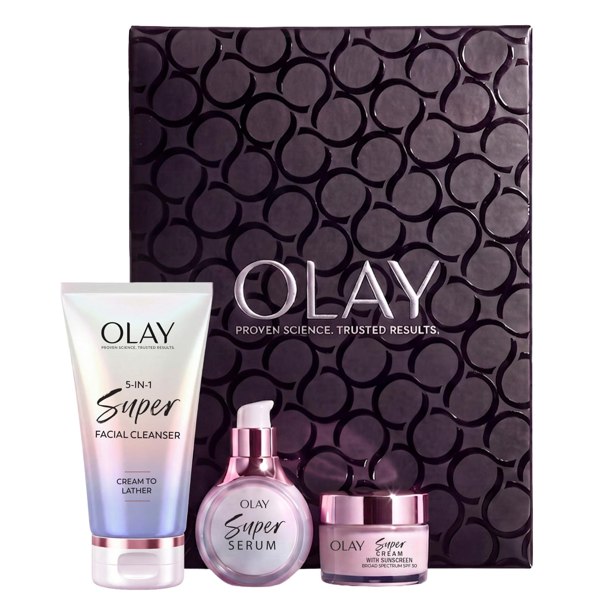 Olay 5-in-1 Holiday Mini Gift Pack - Super Serum Trial 0.4 fl oz, Super Facial Cleanser 4.5 fl oz, Super Cream with Suns