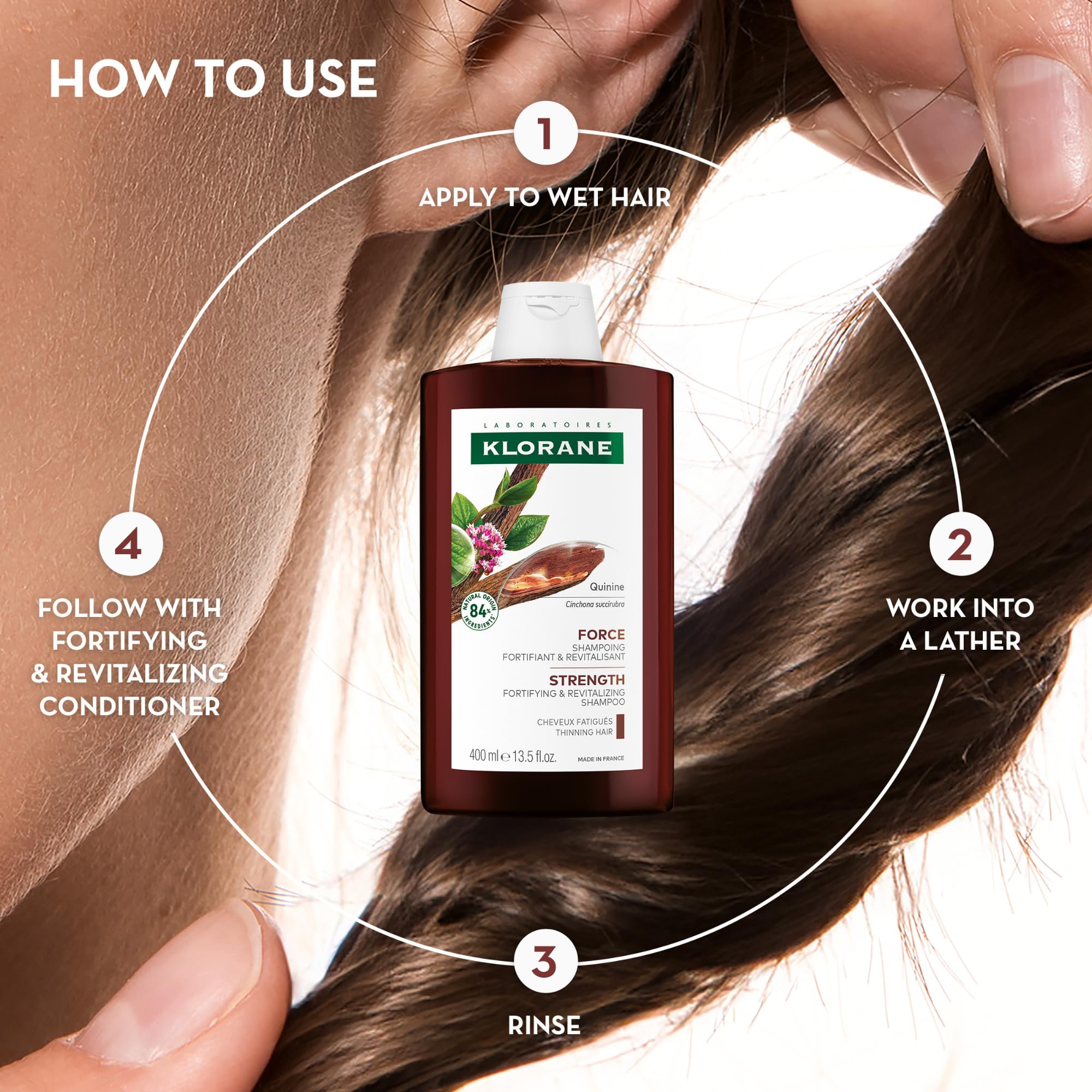 Klorane Quinine Thickening Shampoo for hair loss, 13.5 oz, showing the shampoo bottle with label and product packaging.