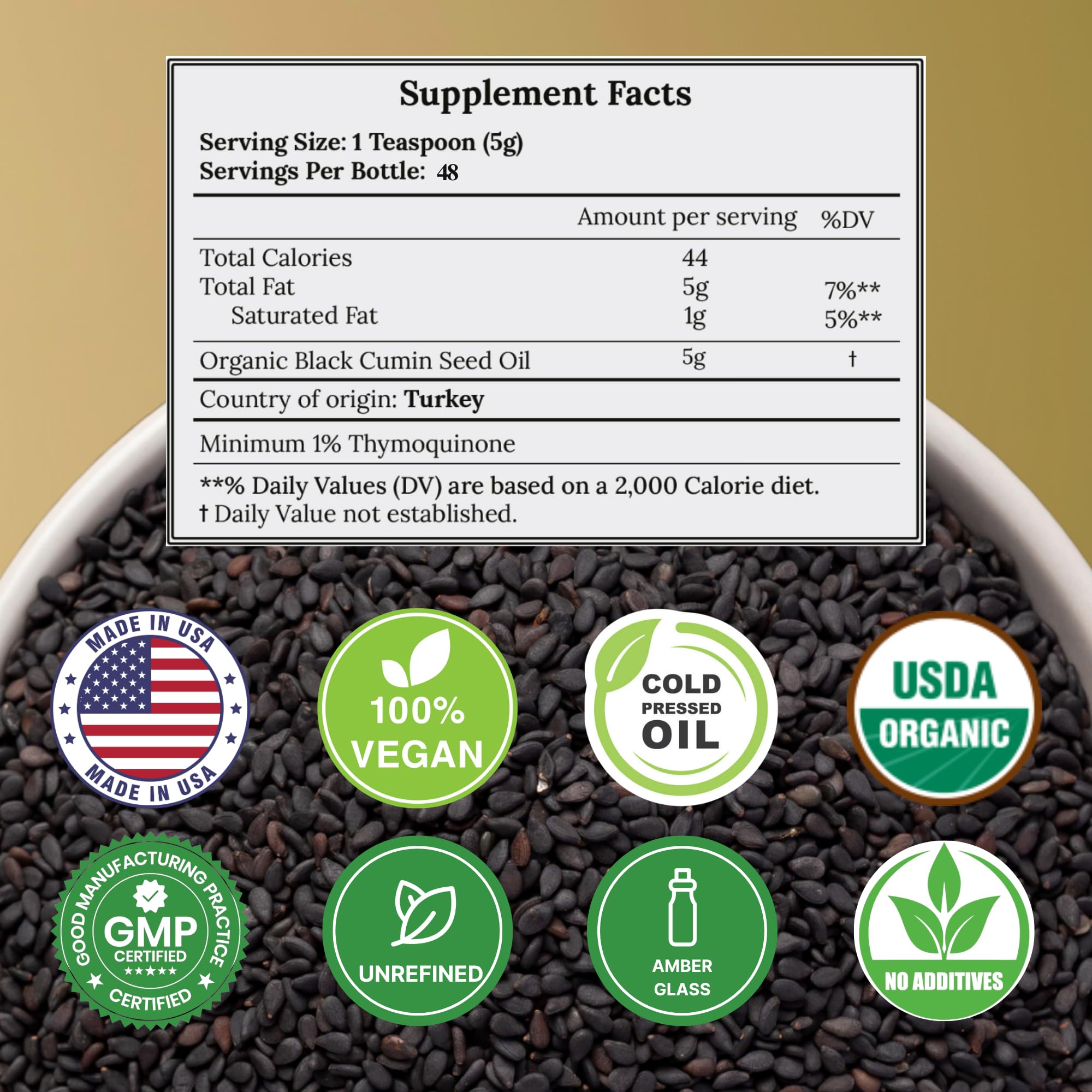 Black Seed Oil Organic Cold Pressed Unrefined Glass Bottle | USDA Certified Organic Black Cumin Seed Oil | High Thymoquinone Omega 3 6 9 | for Immune Support, Joints, Digestion, Hair & Skin | 8 Fl oz