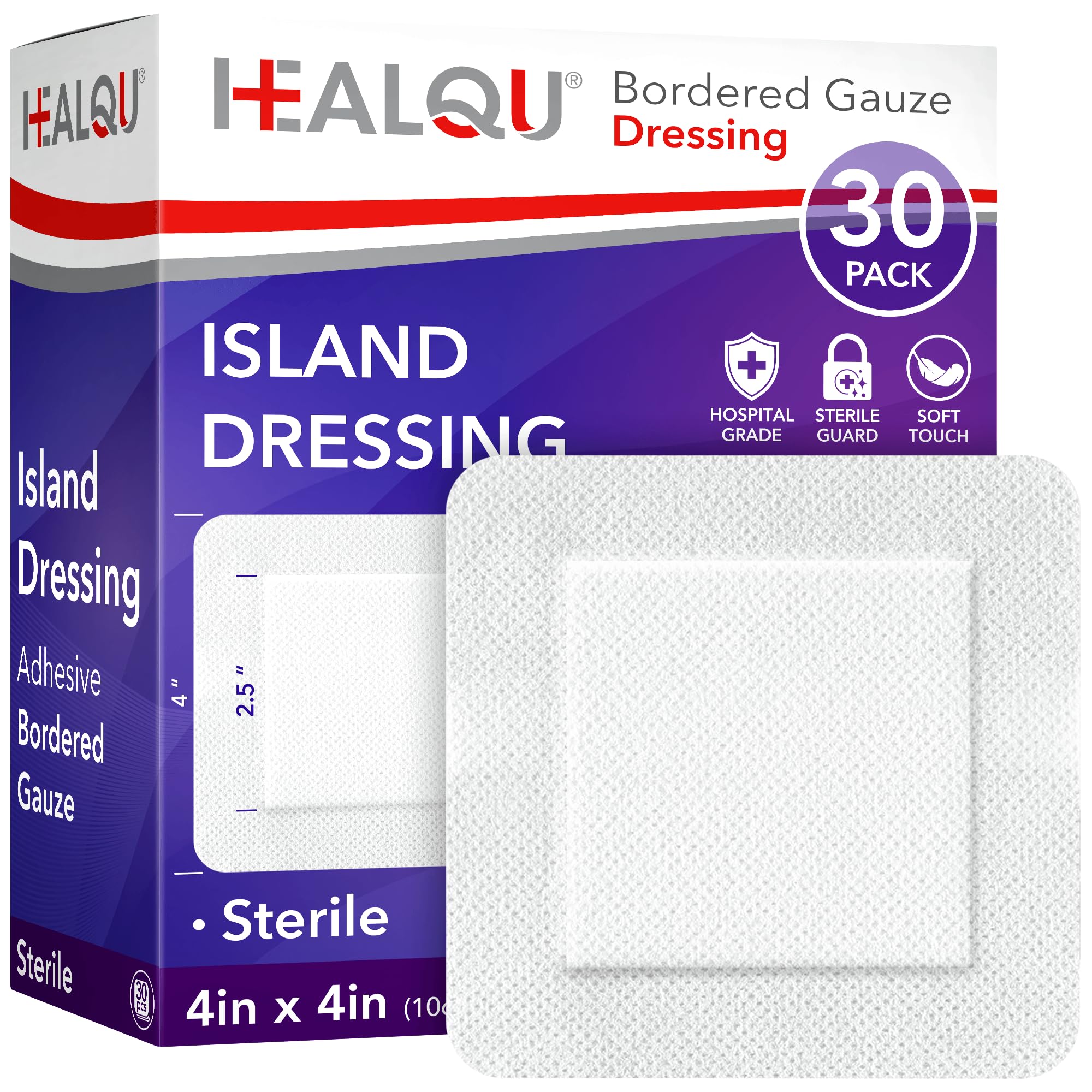 HEALQU Island Dressing - 4"x4", 30 Count - Bordered Gauze - Product Imagery
