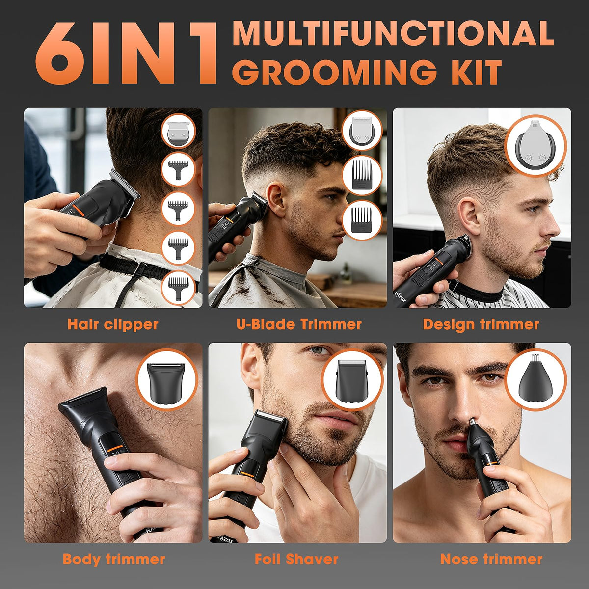 RAZOX Beard Trimmer for Men - 6 in 1 Hair Clipper & Grooming Kit, Cordless Rechargeable with LED Display, IPX6 Waterproo