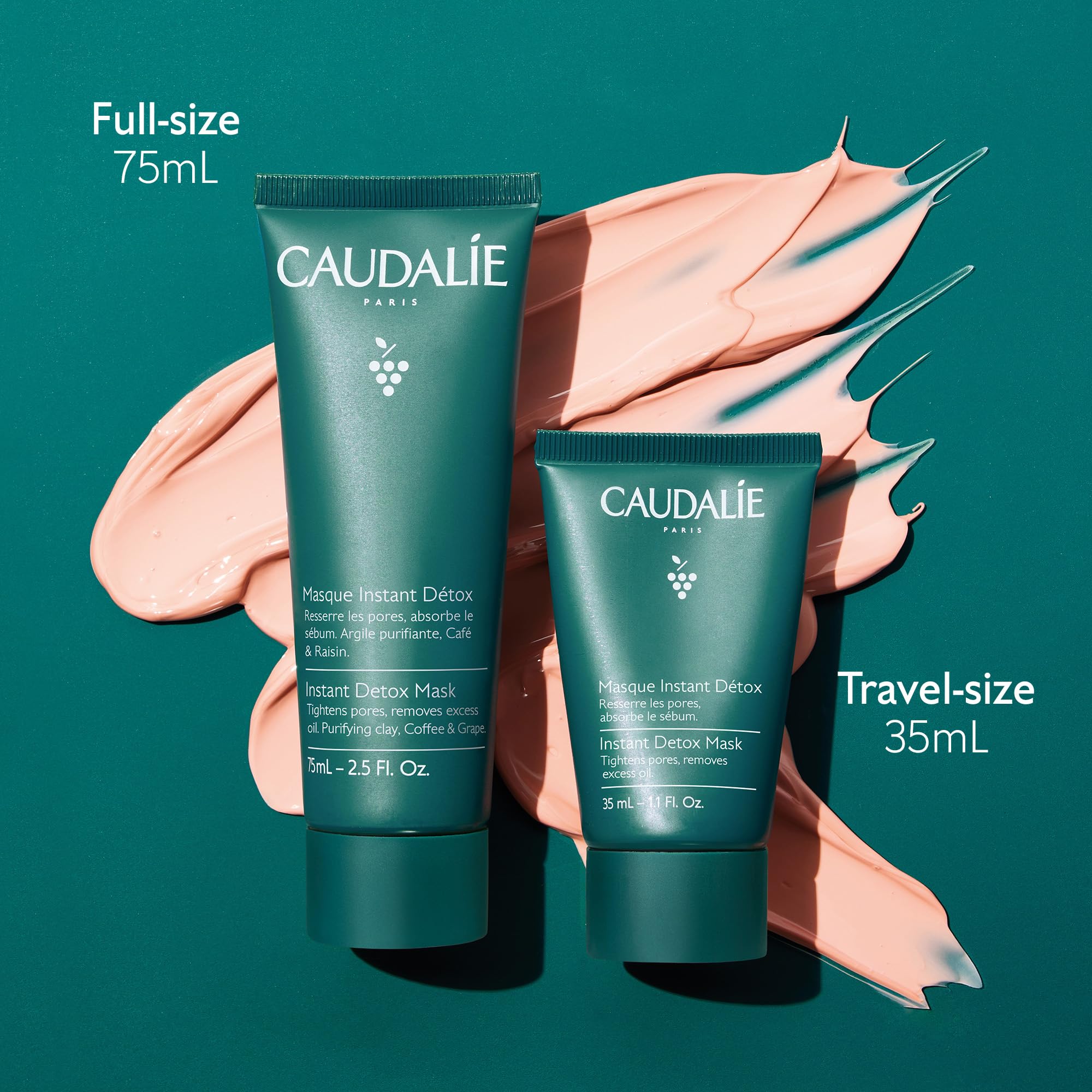 Caudalie Instant Detox Mask in a 75 mL pink clay face mask container, designed to minimize pores and purify skin.