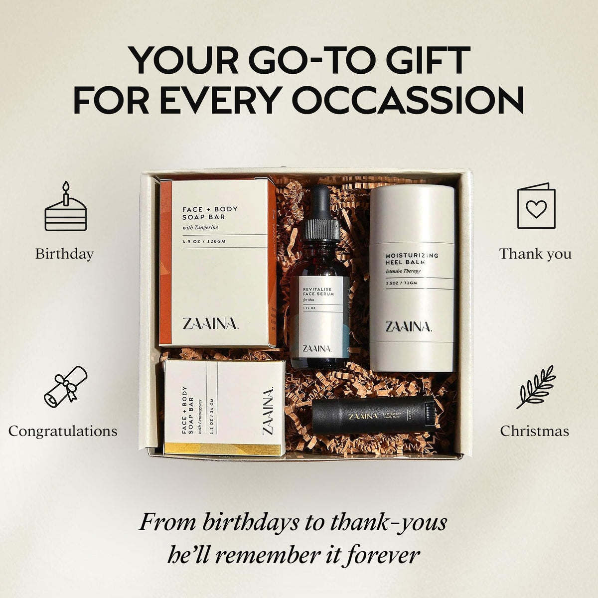 ZAAINA Men's Self Care Gift Box | Relaxation Grooming Gift Set – back view and specifications